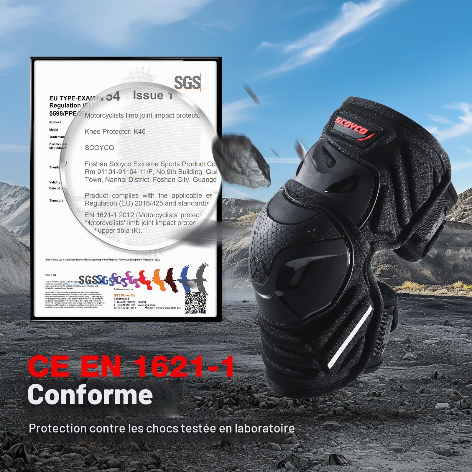 Scoyco 1 Paire de Genouillères pour Motocross Noir Protège Genouillères Ajustables Armure pour Motocross Racing Mountain Biking
