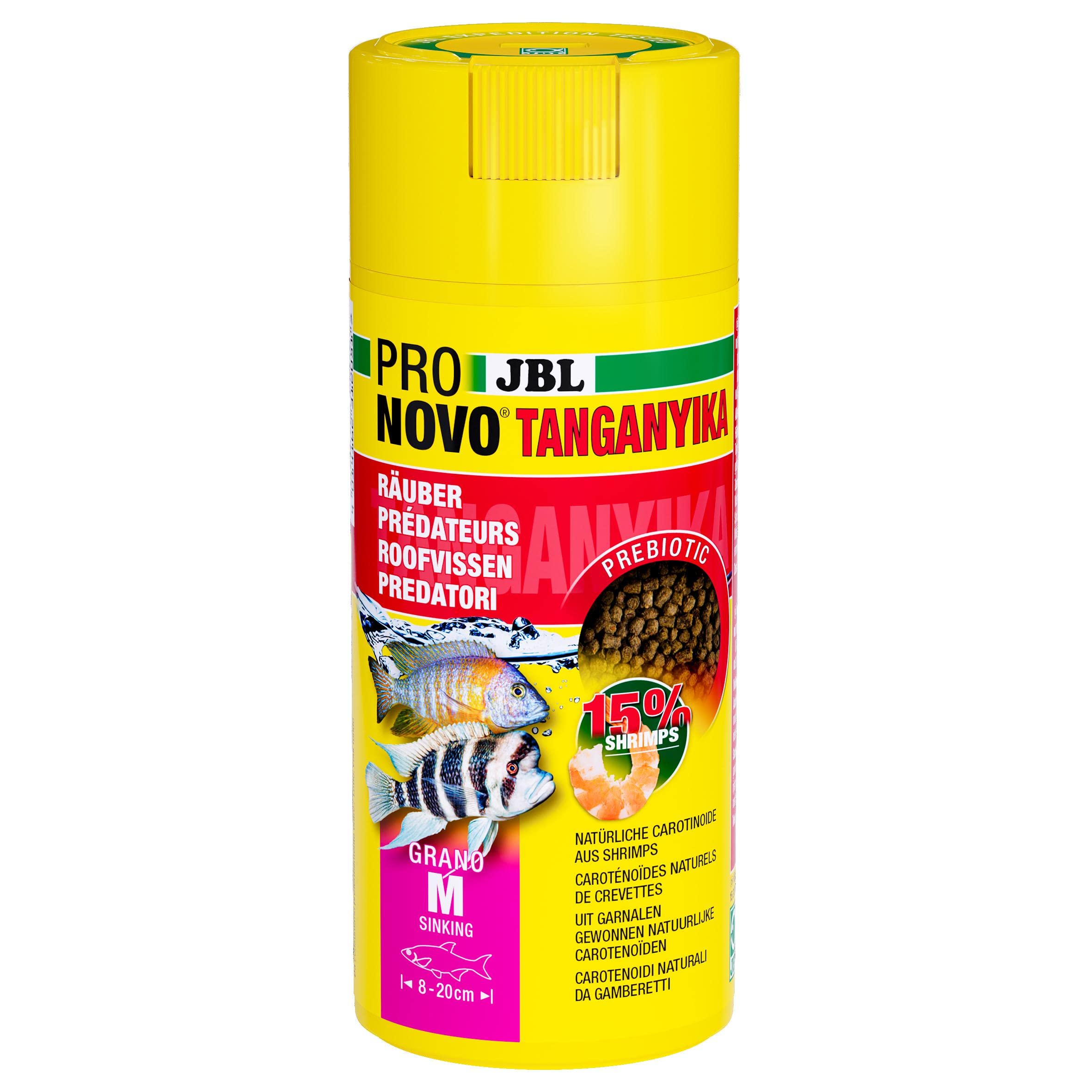 JBL PRONOVO TANGANYIKA Grano, alimento Principal para Todos los cíclidos de 8 – 20 cm, dosificador Clic, gránulos para piensos para Peces, tamaño M, 250 ml