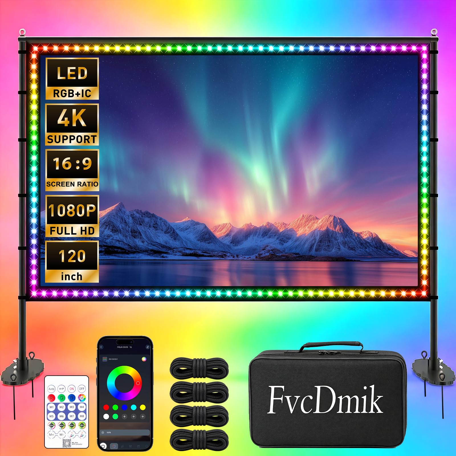 Photo 1 of 120 inch Outdoor Projection Screen with Stand, Smart RGB+IC Strip Light, 4K 16:9 Wrinkle Wind Resistant Movie Screen, Foldable Portable Projector Screen for Backyard Camping Home Theater