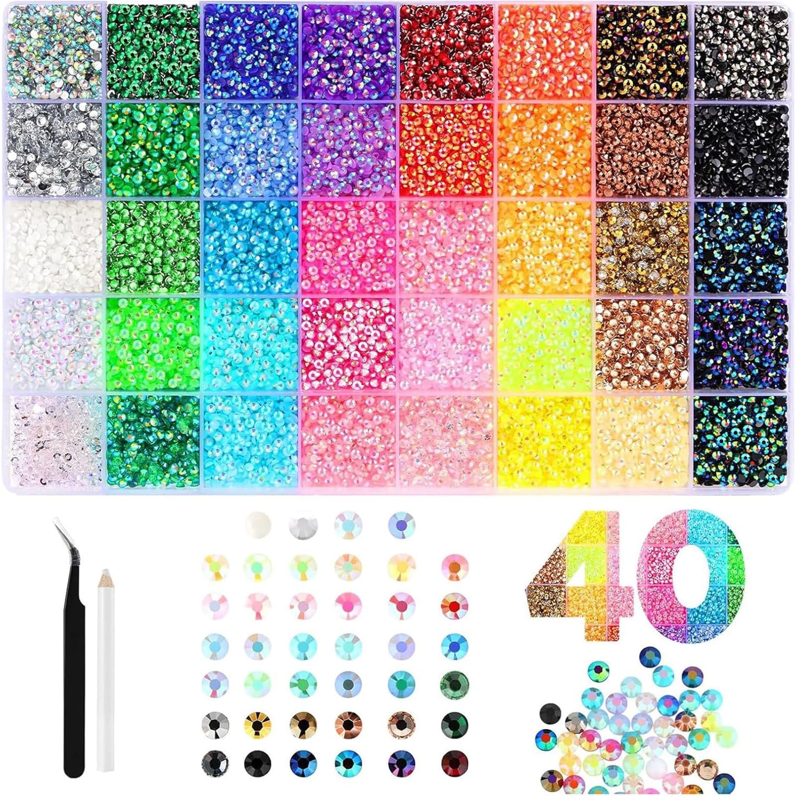 32000-Teiliges Bedazzler Kit, 40 Farben Harz Strasssteinen, 3mm Glitzersteine Bedazzling Kit, Buntes Flatback Rhinestones für Nageldesign, Gesichts-Make-Up, Bastelarbeiten