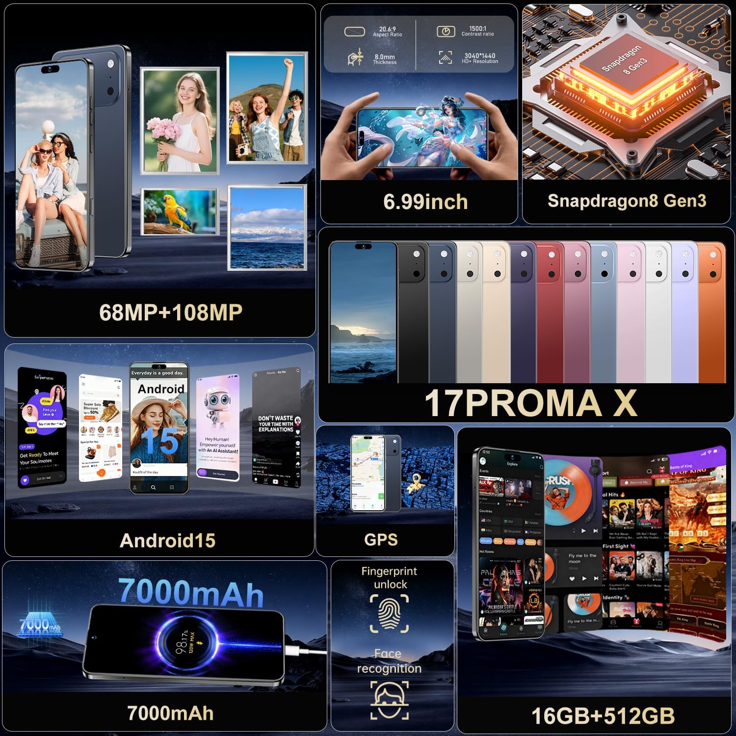 Ecshock 17PM Unlocked Phone | Cell Phone Android 15.0 | 16+512GB Smartphone| 6.99" HD Display | Long Battery Life 7000mAh | 68+108MP Zoom Camera| Fingerprint Lock | with Dual SIM (Dark Blue)