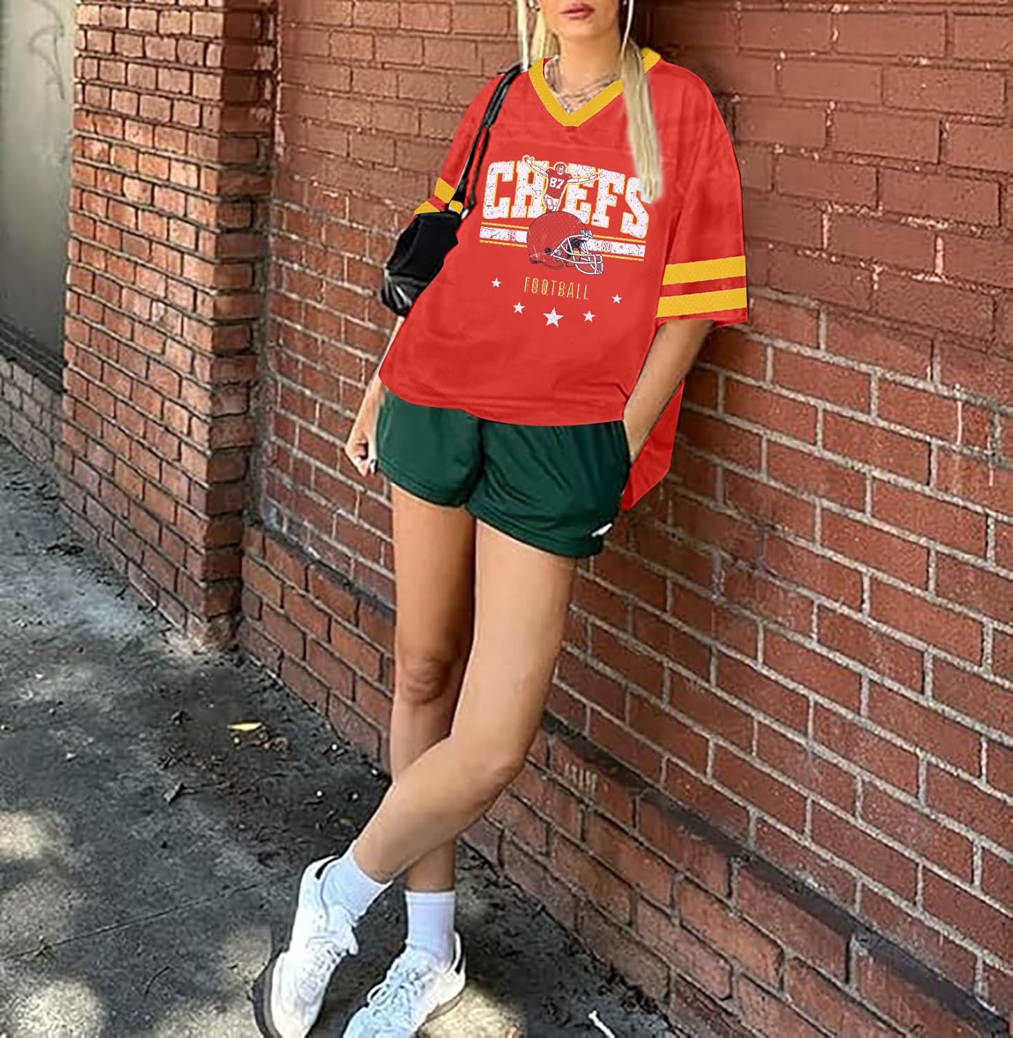 Oversized Football Jersey Tshirt Women Game Day Graphic V-Neck Jersey Tees Football Team Fans Mesh Tshirt - Image 4