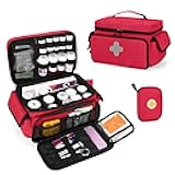 CURMIO Medicine Storage Bag Empty, Lockable Pill Bottle Organizer with Portable Zippered Pouches for First Aid Kits, Medicine Box for Home and Travel, Red (Patent Pending)