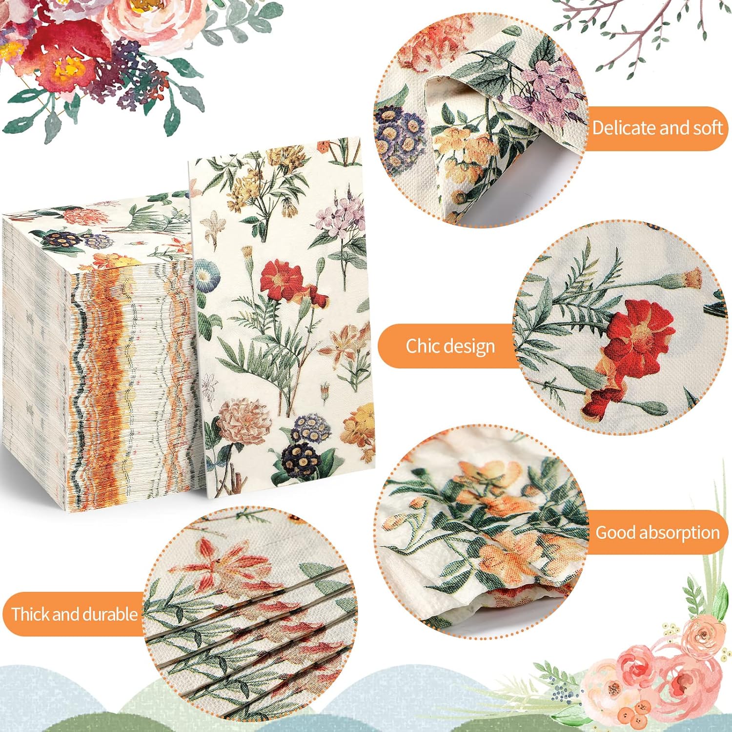 Tatuo Floral Paper Napkins Watercolor Floral Guest Napkins Vintage Wild Flower Disposable Hand Towels Flower Decorative Paper Guest for Bathroom Wedding Birthday Party (300 Pieces, 4.3 x 7.9 Inch)