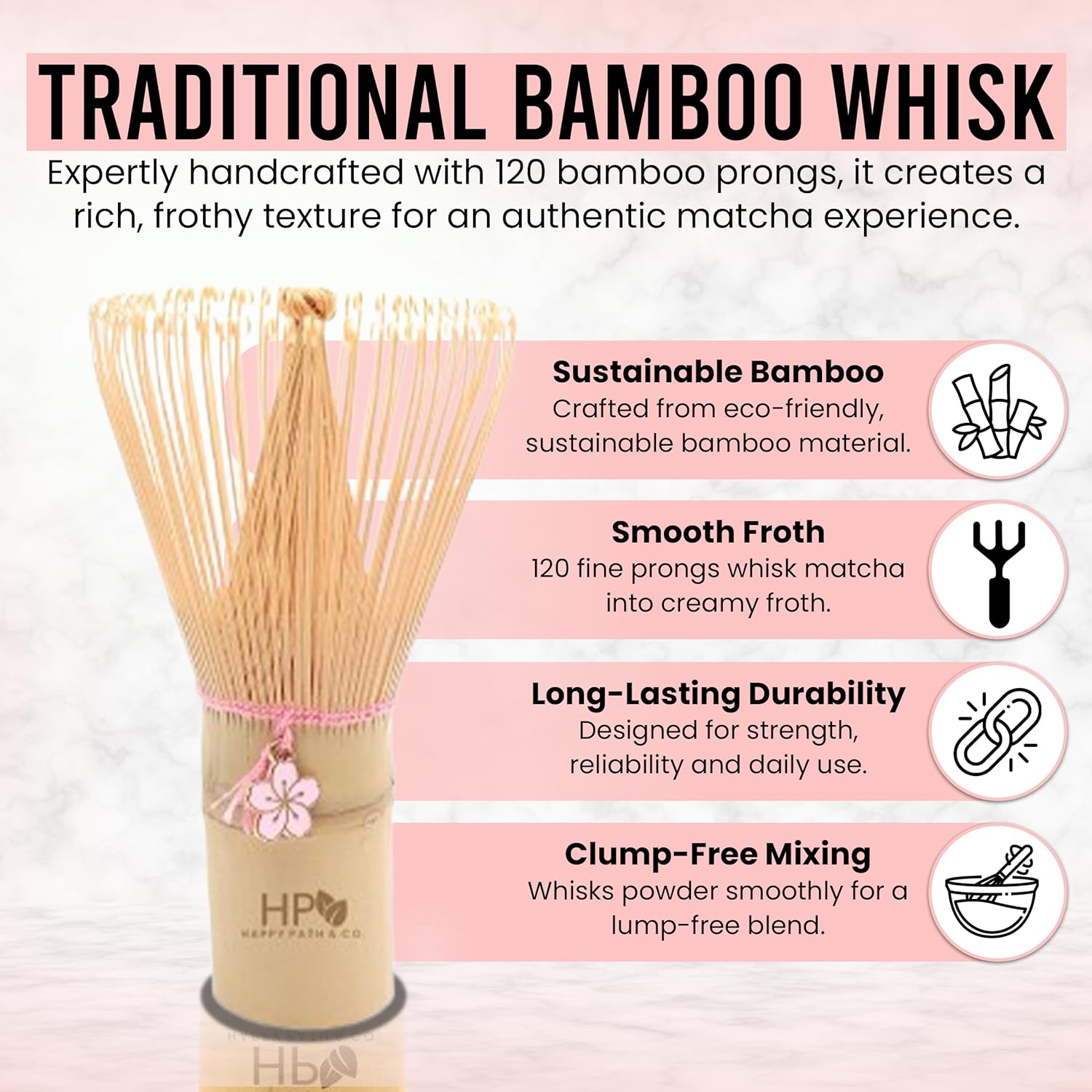 HAPPY PATH & CO Patented Matcha Bowl Set with Handle & Spout - Spill-Free Pouring | Complete Matcha Set for Beginners | Includes Bamboo Whisk, Scoop & Stand (Pink Blossom - Soft Pink)