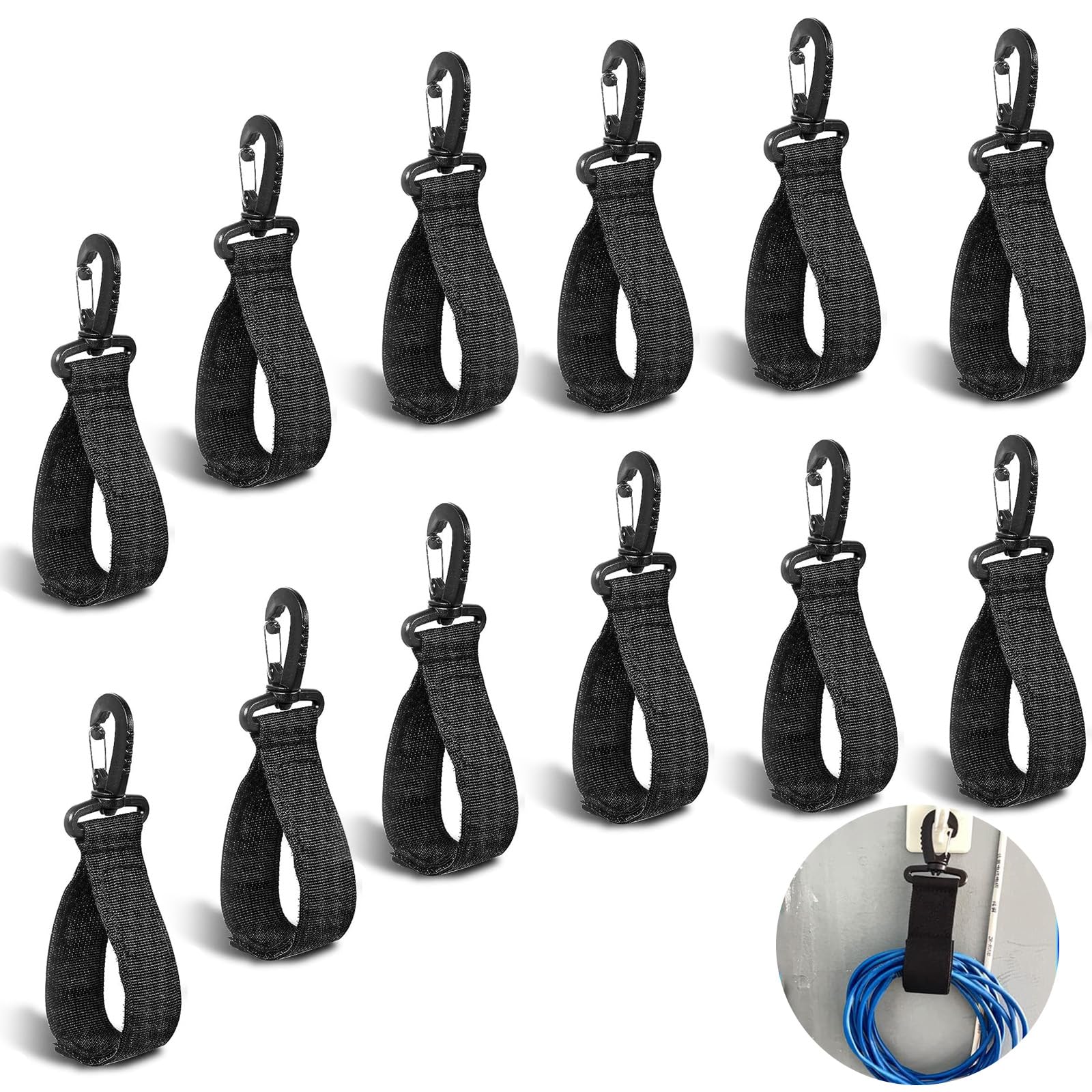 Eowppue 12-Pack Velcro Storage Straps with Carabiners - Versatile Cable Ties for PC, TV, Desk & Garage - Durable Hook & Loop Fastener for Cord Management in Home, Boat & Workshop