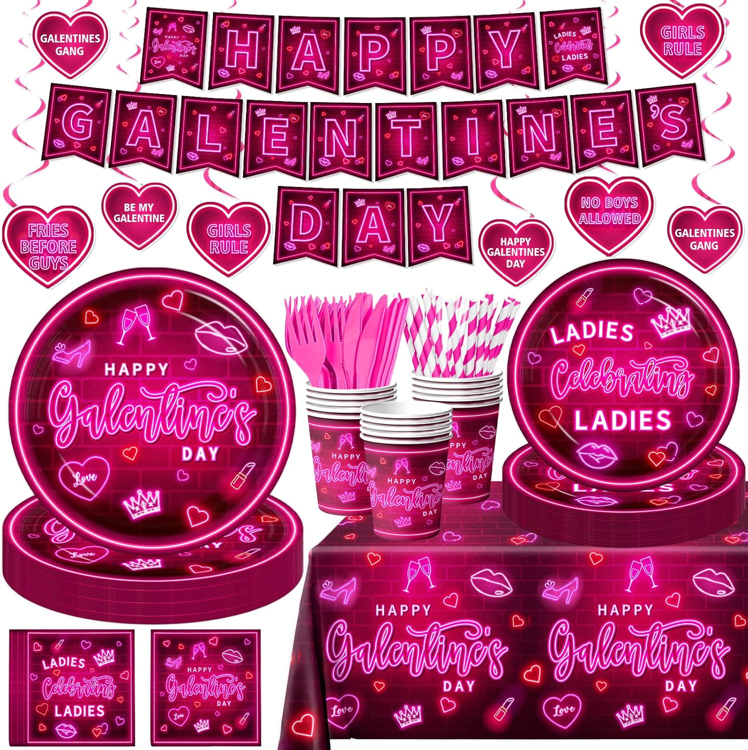 Galentines day Decorations Tableware, 150Pcs Pink Neon Galentines Day Party Decorations includes Galentines Day Plates and Galentines Napkins, for Girl Lady Galentines Day Party Decorations