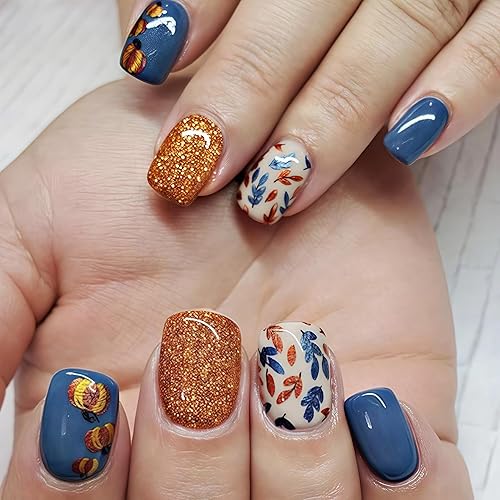 24Pcs Thanksgiving Fall Press on Nails Short Square Fake Nails