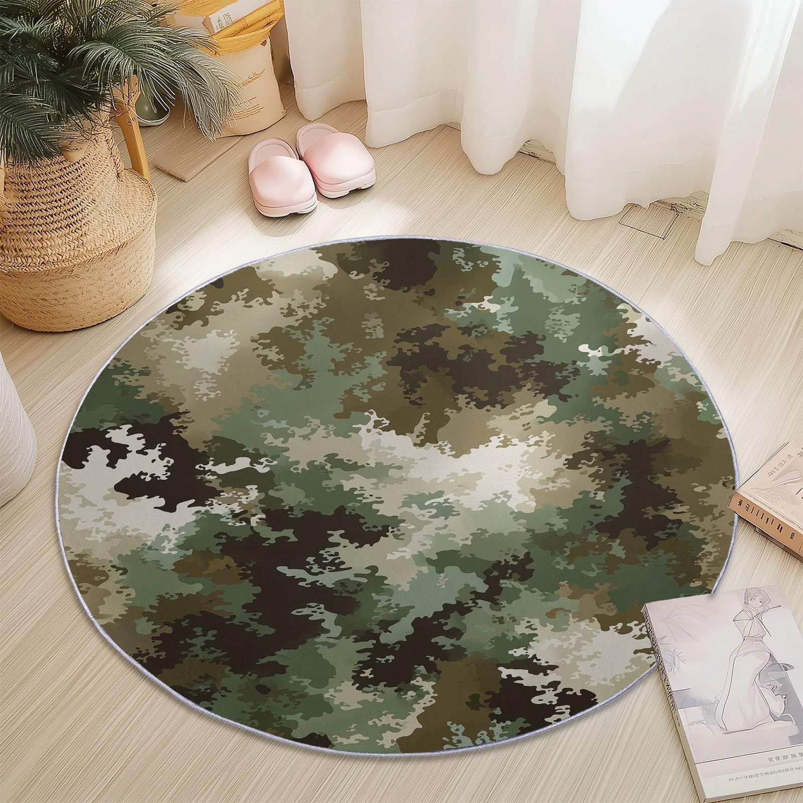 Round Rug Camouflage Illustrations Area Rugs Large, Living Room Washable Non Slip Diameter 150 cm Green Brown Carpet, Bedroom Accent Mat Home Décor Carpets Pads Floor Protectors — image 1