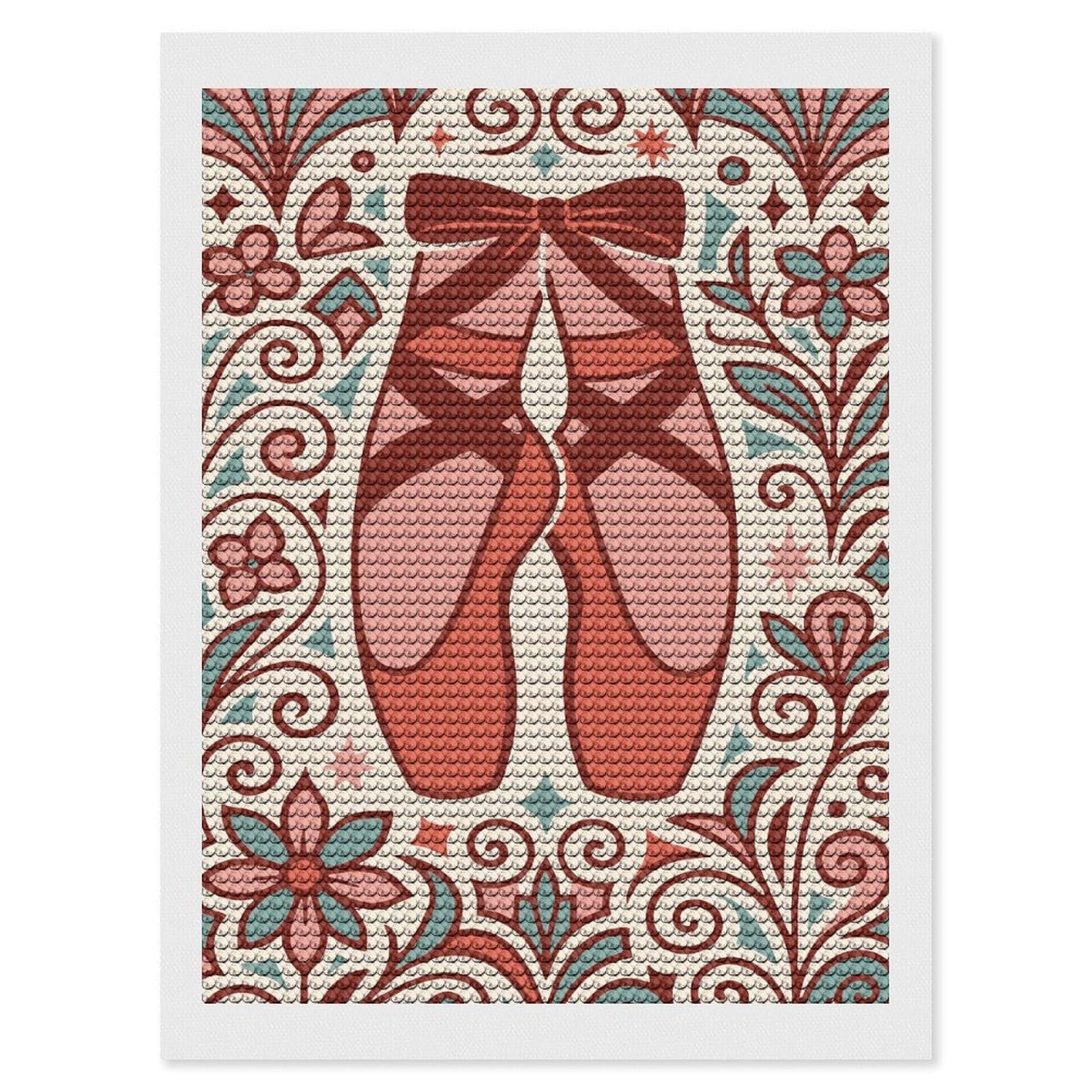 Junmoney Ballet Shoes Floral Art Diamond Painting Set 12"x16", Full Kit Included, Sparkling Round Gems, Farmhouse Decor, Festive Craft Gift