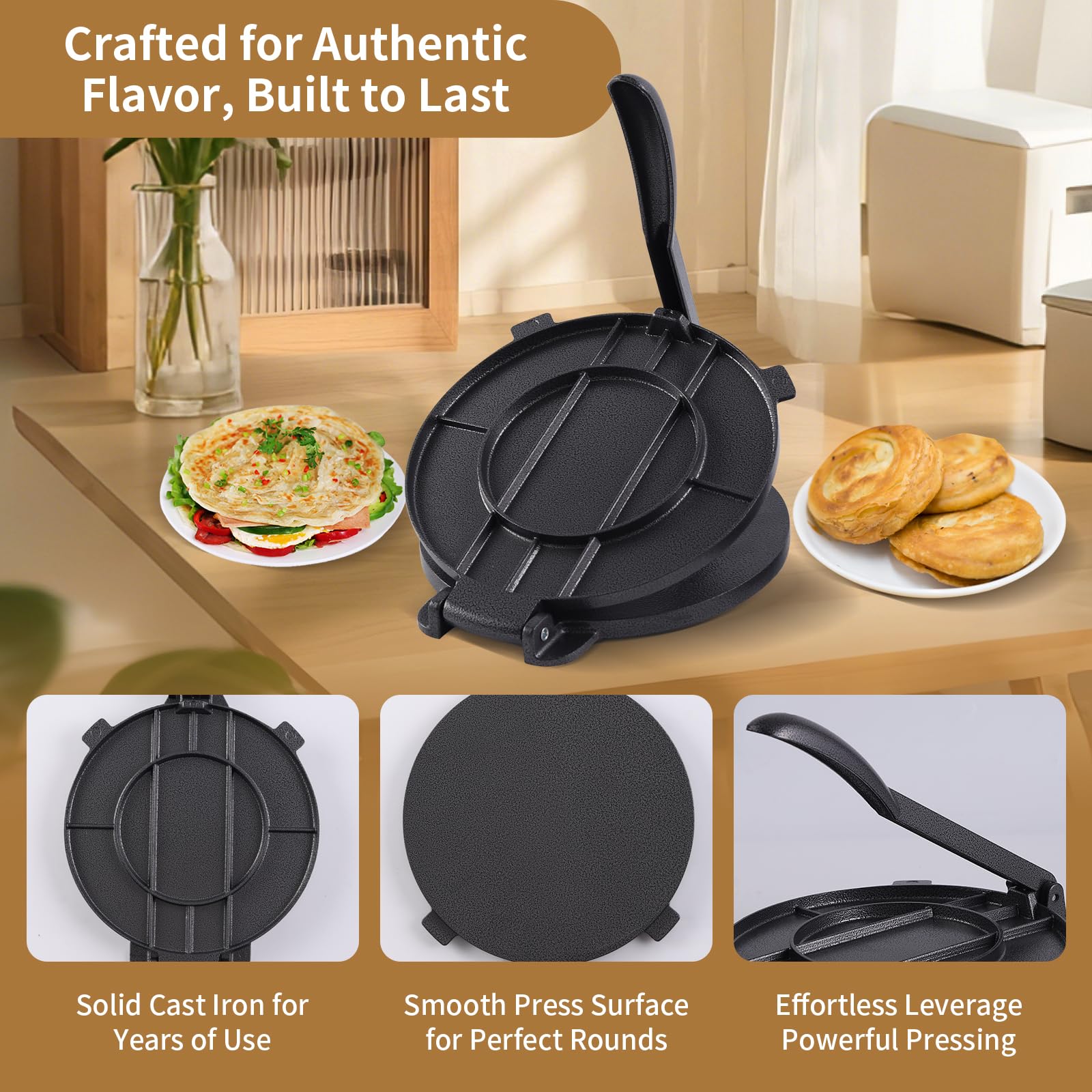Rotel Cast Iron Tortilla Press 8 Inch with Comal Pan,Bundle of Cast Iron Tortilla Skillet for Roti,Tawa,Dosa,and Pataconera-Comales Para Tortillas,Tortilleras Mexicanas Para Hacer Tortillas