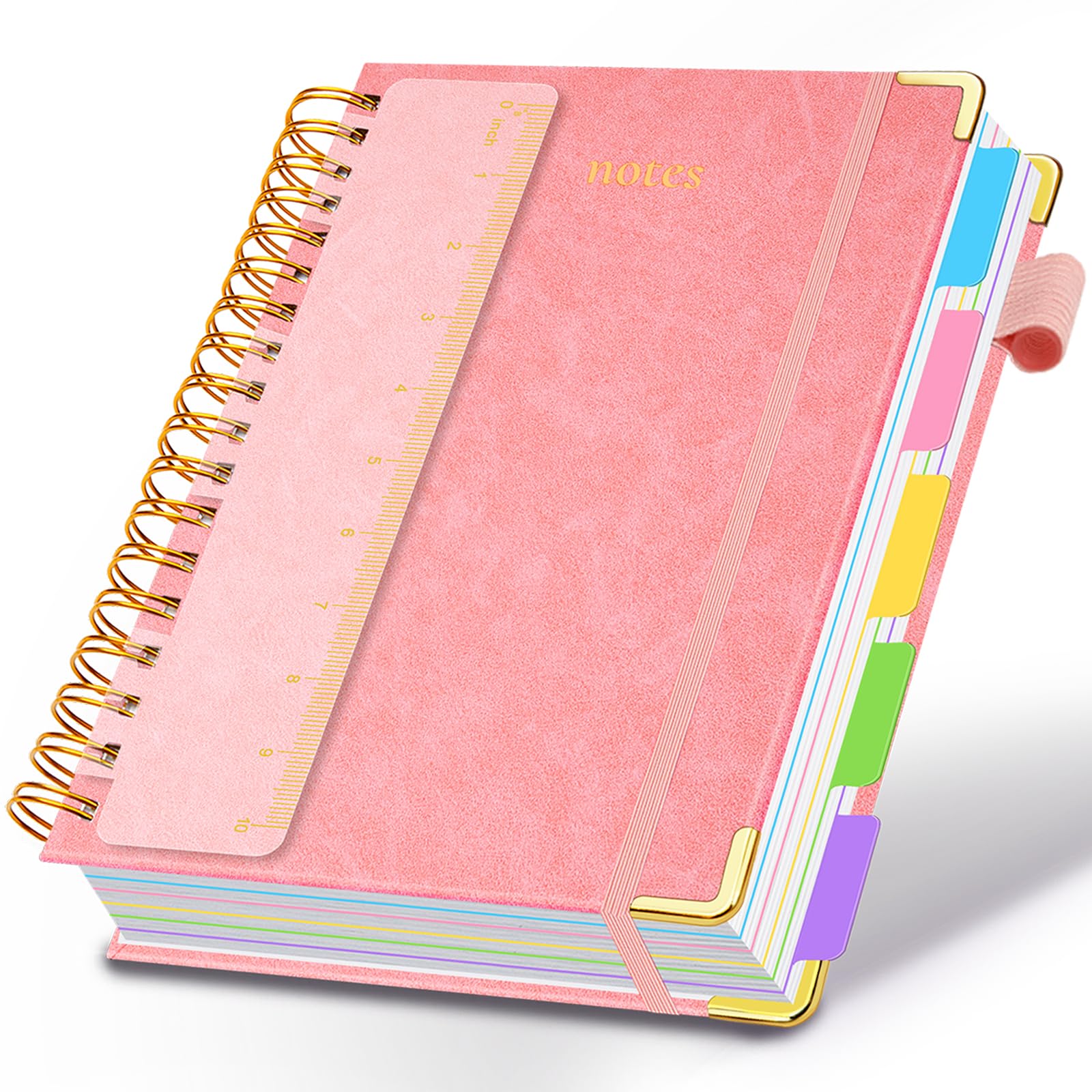 Carnet à spirales à couverture rigide de 21,6 x 27,9 cm avec onglets et séparateurs amovibles - 300 pages - Carnet à 5 sujets ligné en similicuir pour femme - Pour l'école, le travail (rose)
