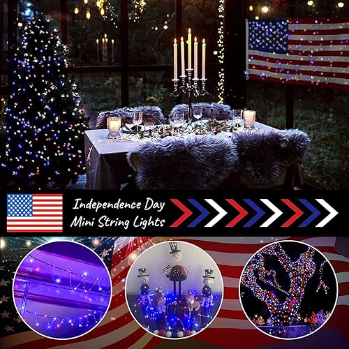 Miniatura 6 de YAOZHOU Decoraciones patrióticas del 4 de julio, tira de luces solares de hadas rojas, blancas y azules, impermeables para exteriores, paquete de