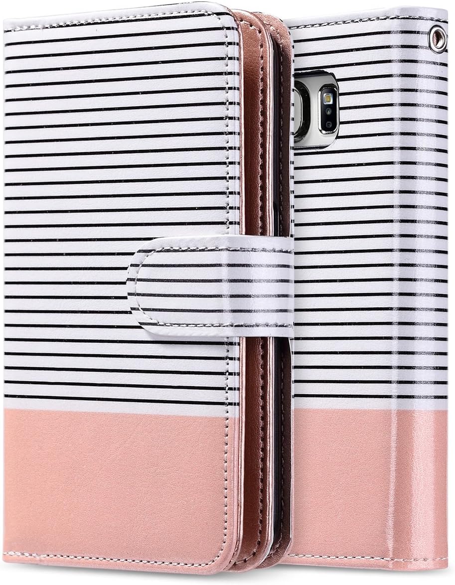 ULAK Galaxy S6 Case, Samsung Galaxy S6 Wallet Case, Wallet Flip Case PU Leather Case Shockproof Soft TPU Inner Bumper Slim Protective Card Slots Wrist Strap Cover- Minimal Stripes/Rose Gold