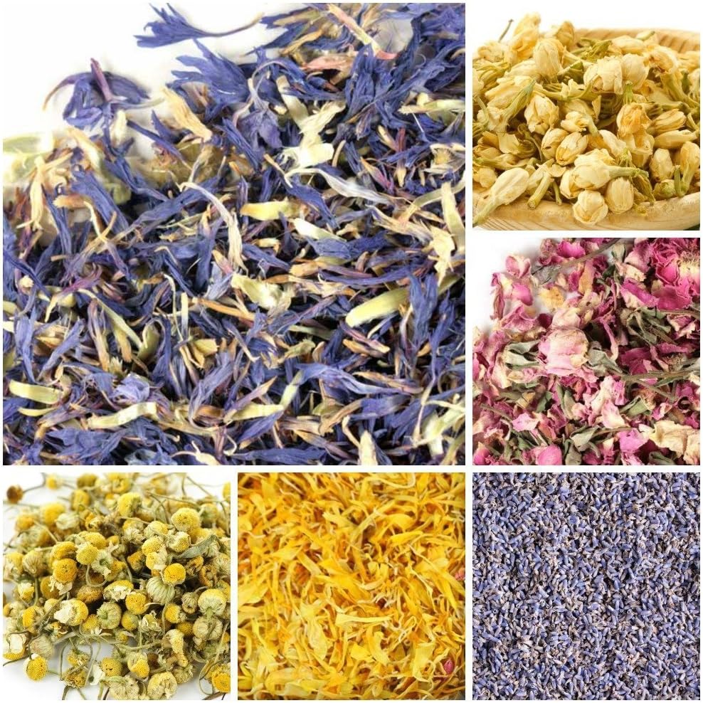 bMAKER Bulk Botanical Flowers Kit, 6 Pack - Edible, Kosher Certified - 1.5 Cups Each of Jasmine, Rosebuds, Lavender, Marigold, Chamomile, Pink Rose Petals, 2 ml of Rose Absolute Essential Oil