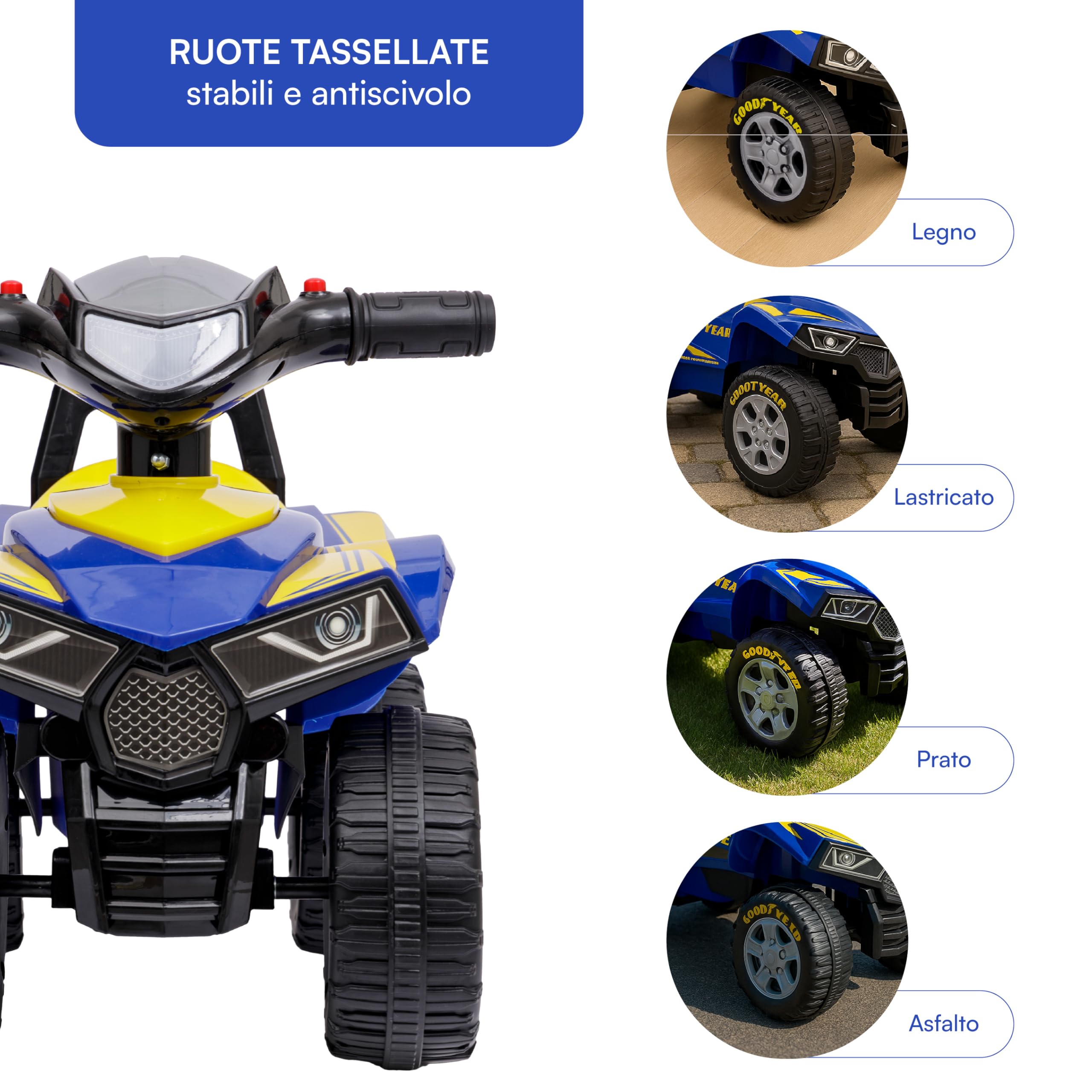 Baroni Toys Quad Giocattolo Cavalcabile per Bambini 18-36 Mesi con con Licenza GOODYEAR, Vano Portaoggetti, Suoni Realistici e Fari LED, Dispositivo Antiribaltamento, 38x60x42 cm
