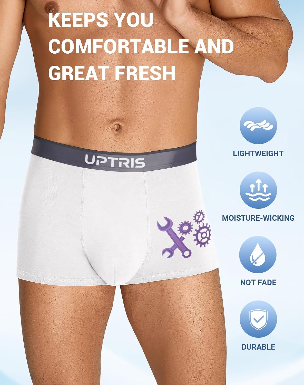 UPTRIS Men's Cotton Boxer Briefs Underwear Cute Bee Wrench Gear Print 5Pack | Ultra Soft Comfort, Wide Waistband, Stretch Trunks, Casual & Breathable and Tagless Cool Graphic Underpants for Men