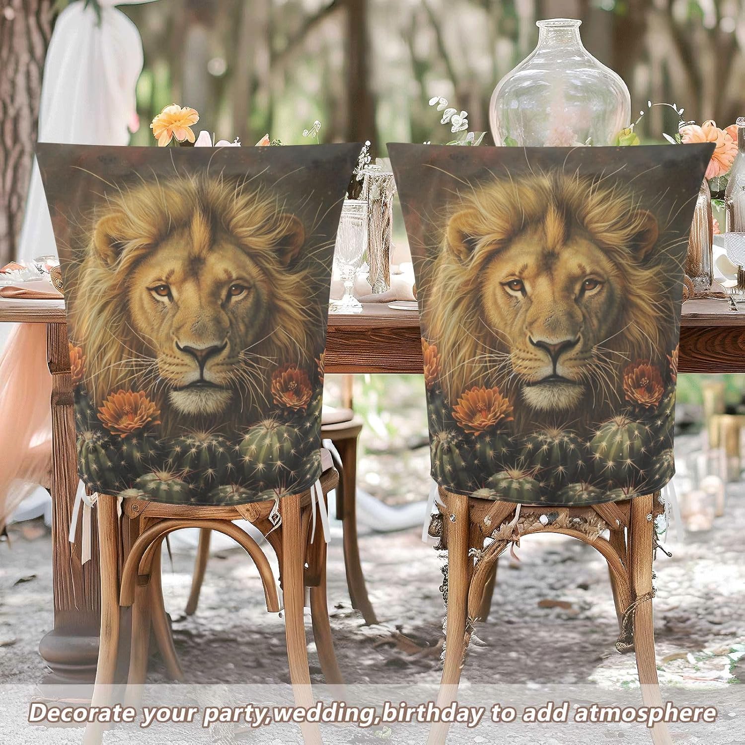 ALAZA Lion Cactus Chair Back Cover Set of 6, Washable Reusable Removable Chair Slipcovers Decorative Chair Cover for Home Kitchen Wedding Party
