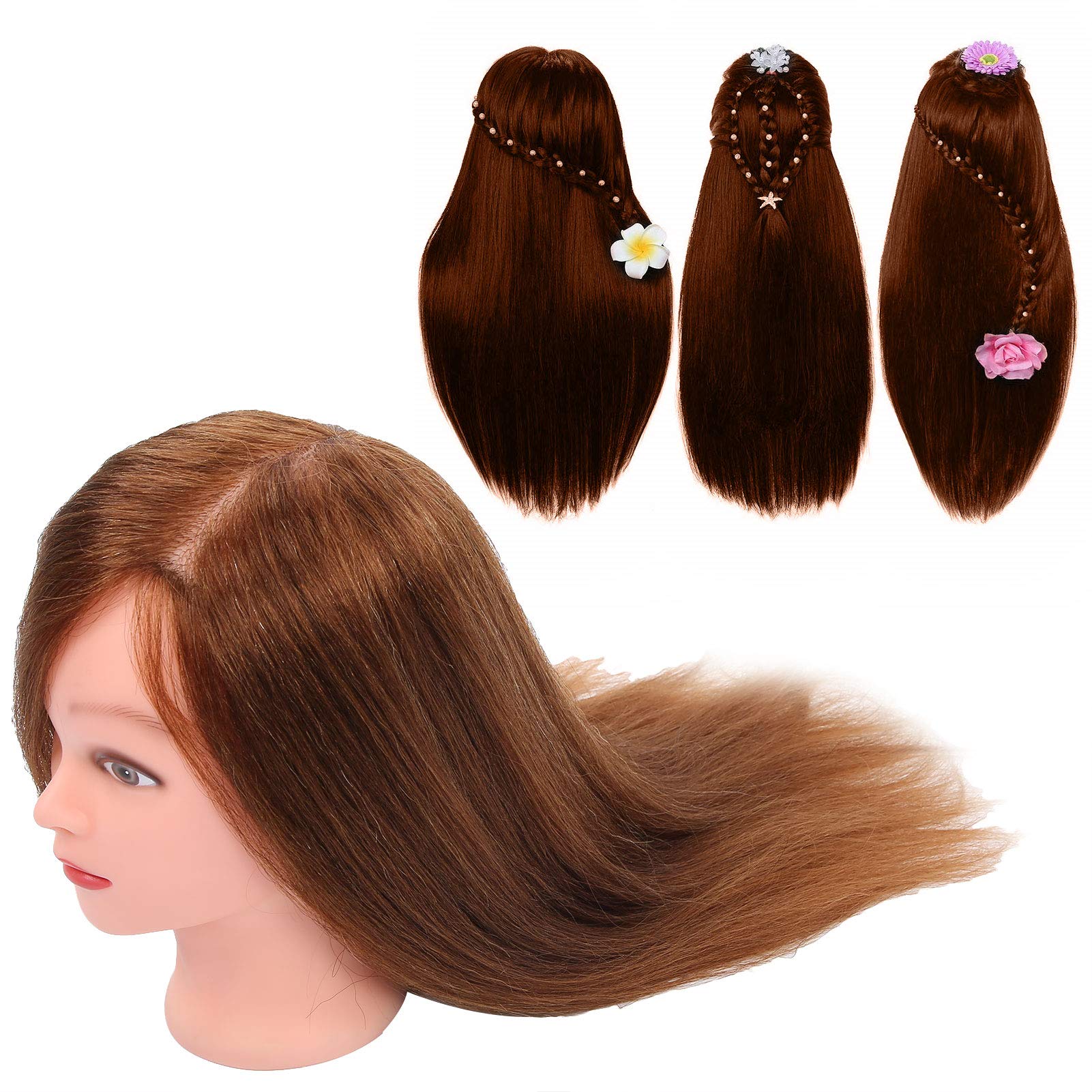 ZJchao Testa di Manichino 70% Capelli Veri 30% Fibra per Pratica di Taglio dei Capelli Manichino Addestramento 23,6-25,6 Pollici per Uso in Salone di Studenti di Parrucchiere (BROWN)