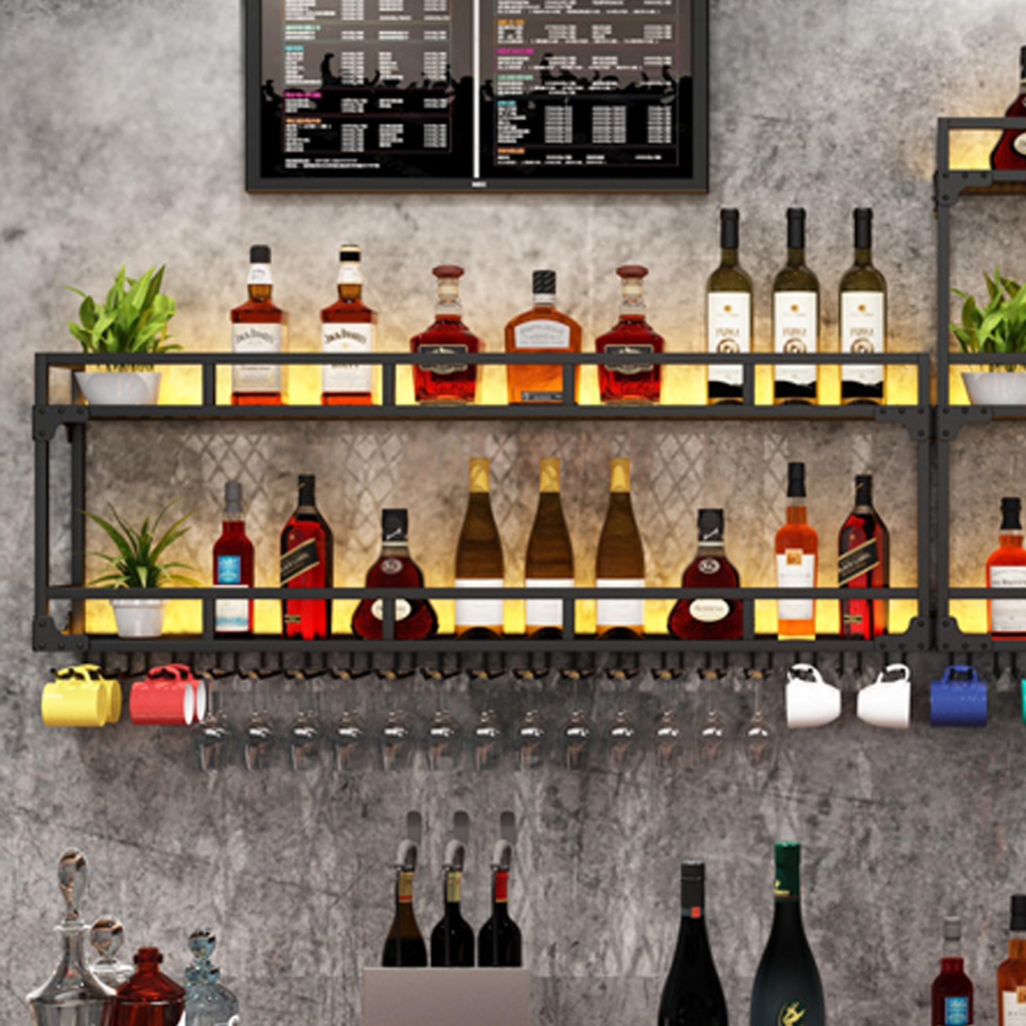 Porte Bouteille Casier à Bouteilles Mural avec Lumière Range Bouteille Etagere Murale Meuble Bar avec Support Verre a Pied Suspendu pour Comptoir de Bar Salon Cuisine Cave(Nero,80*25*54cm)