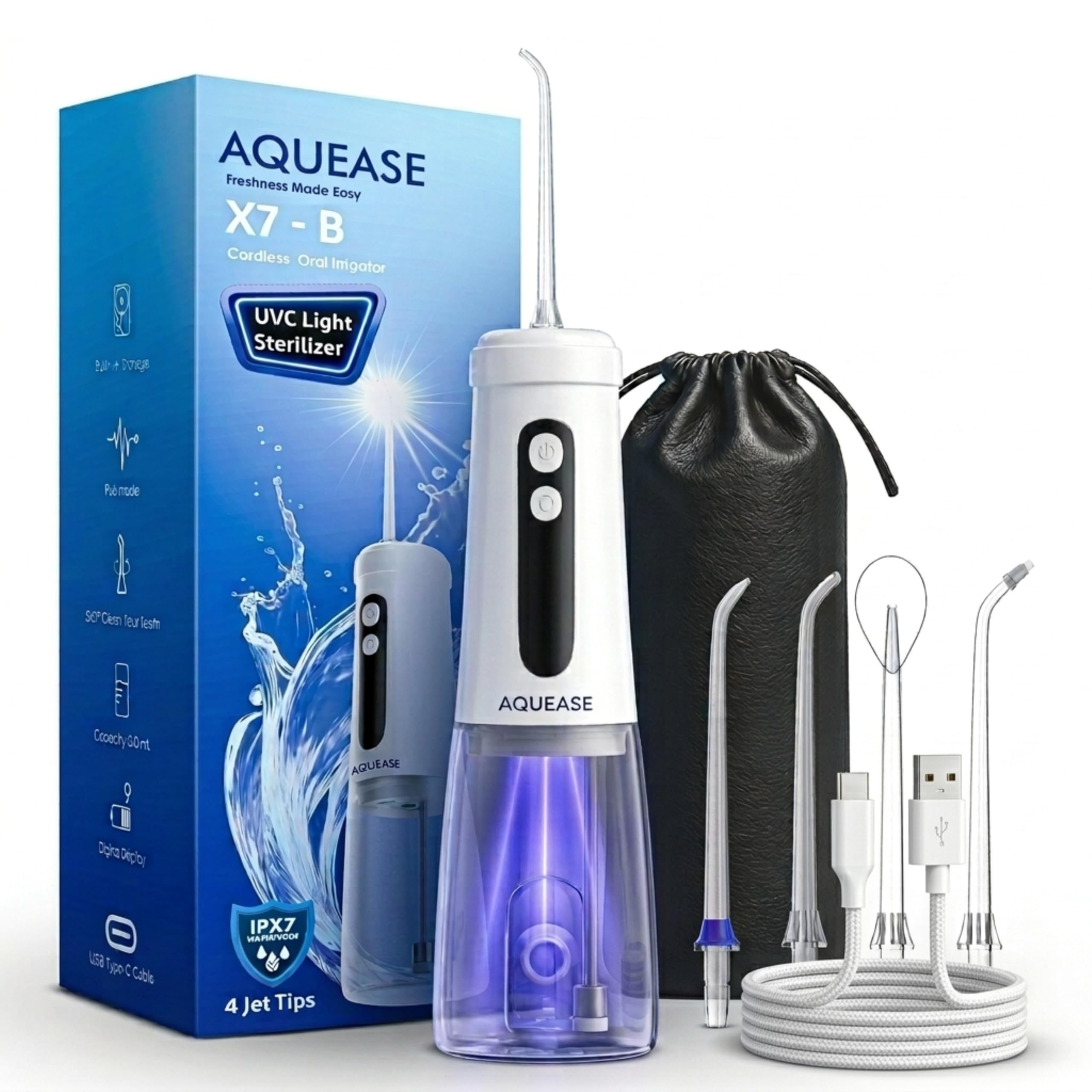 Irrigador bucal inalámbrico para encías y aparatos ortopédicos sensibles, luz integrada para autolimpieza, 4 puntas, 2 modos, 18 ajustes de presión, bolsa, hilo dental portátil recargable e
