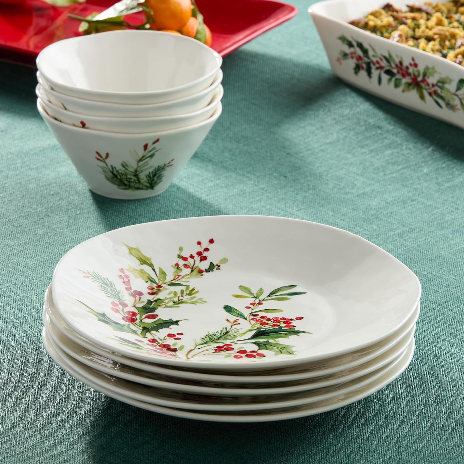 Holly and Vines クリスマスディナープレート &ndash; アーティストがデザインしたグリーン&amp;ベリーモチーフのストーン