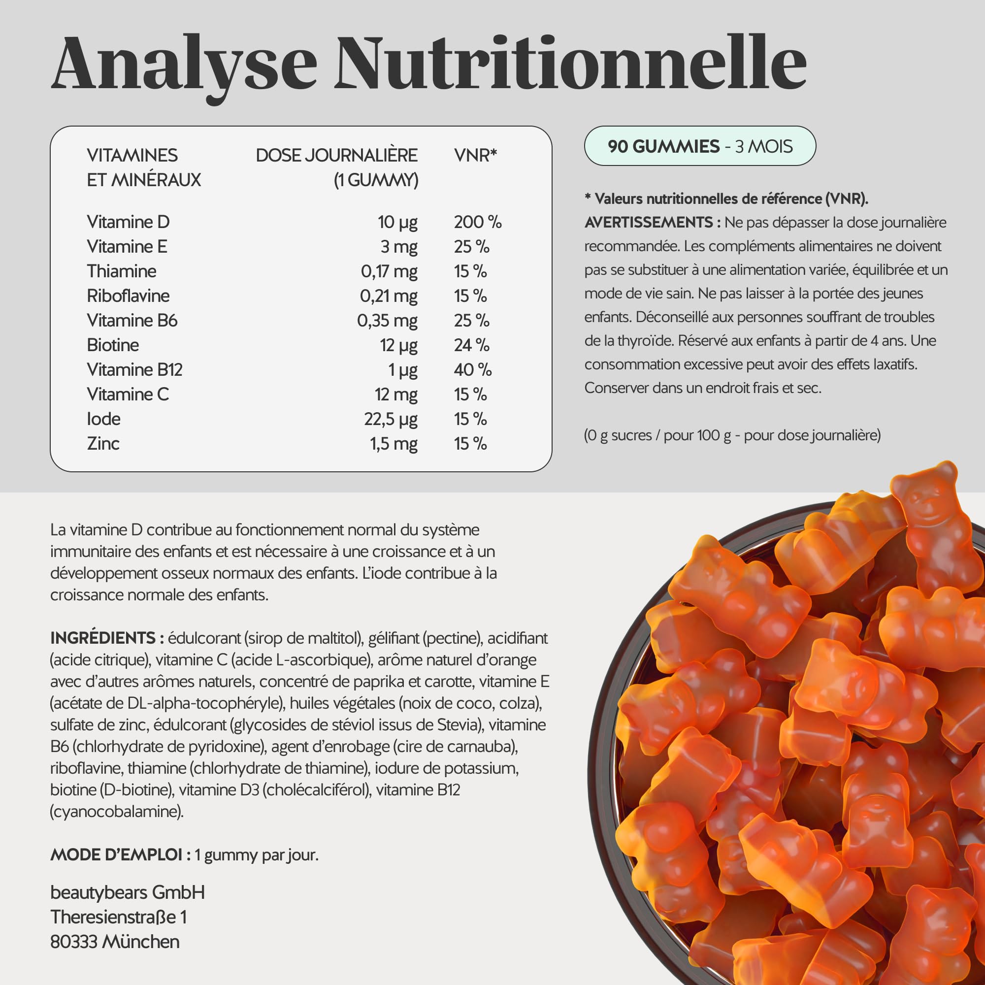 Bears with Benefits - Gummies Multivitamines Enfants 4+ - 90 unités | Multivit' Kids - Défenses Immunitaires - avec Vitamine B12, C, D, E, Zinc, Iode - Cure de 3 mois - Sans Sucre, Vegan