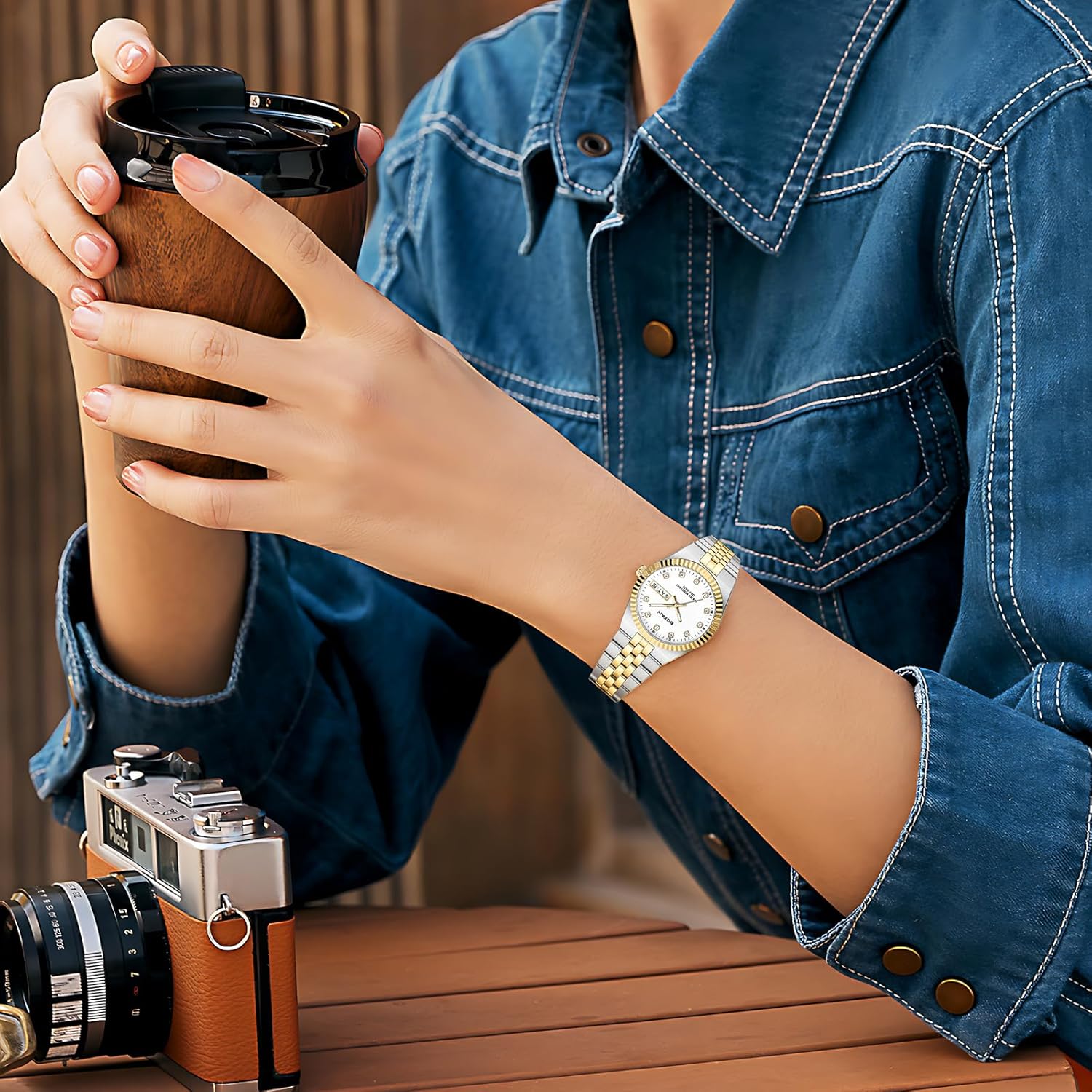 BOFAN Watches for Women Vintage Ladies Gold Watch with Luxury Diamond Dial,Date and Week Display,Stainless Steel Band,Waterproof.Adjustment Tool Included - Image 6