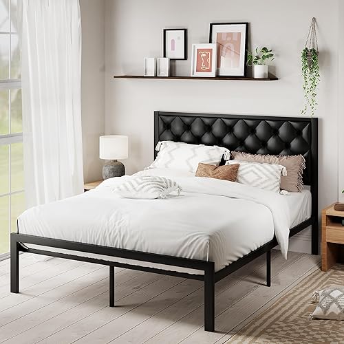 MUTICOR Elegante marco de cama de tamaño matrimonial con cabecera tapizada de piel sintética con botones, listones de metal resistentes,