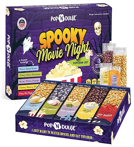 Regalos de Halloween, cesta de regalo de noche de película aterradora, granos de palomitas gourmet y condimentos de palomitas de maíz, paquete