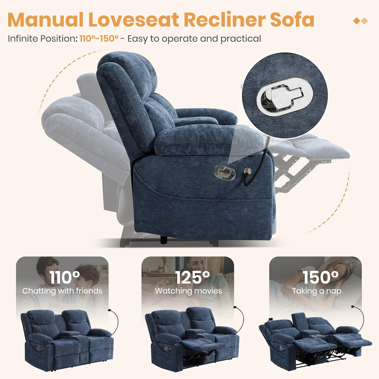 Loveseat Recliner Sofa with Console, Double Recliner Loveseat with Cell Phone Holder, Cup Holder & USB Type C, Manual Reclining Loveseat Sofa Couch for Living Room, RV,Home Theater (Blue)