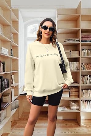 DUTUT Bookworm Embroidered Sweatshirt for Women: I'd Rather Be Reading Sweatshirts Long Sleeves Top Reading Lover Gift