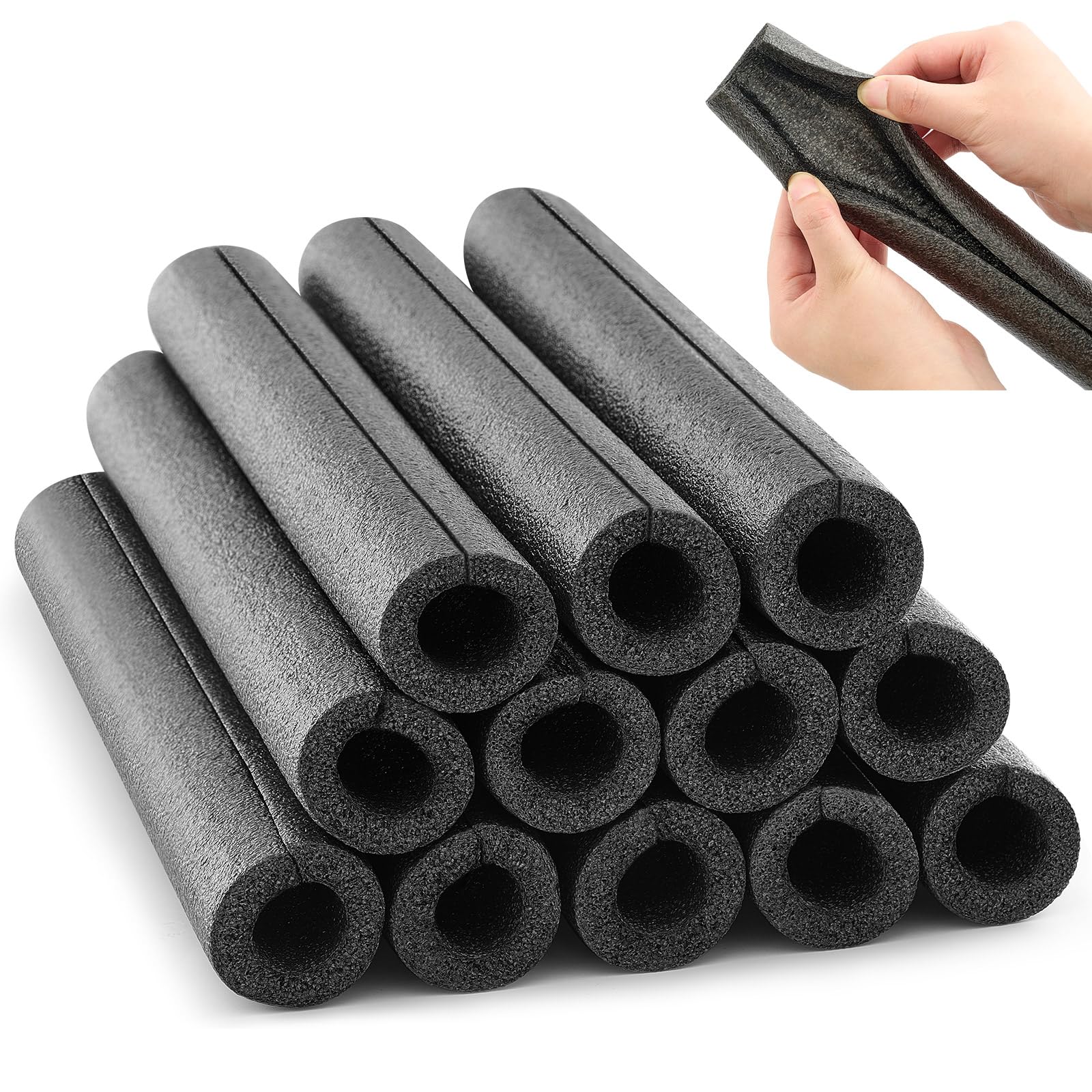 Amylove Lot de 12 tubes isolants en mousse de 3 m pour tuyau d'eau, piscine, nouilles de natation, préservation de la chaleur, couvertures de tuyaux pour extérieur et protection contre le gel (noir