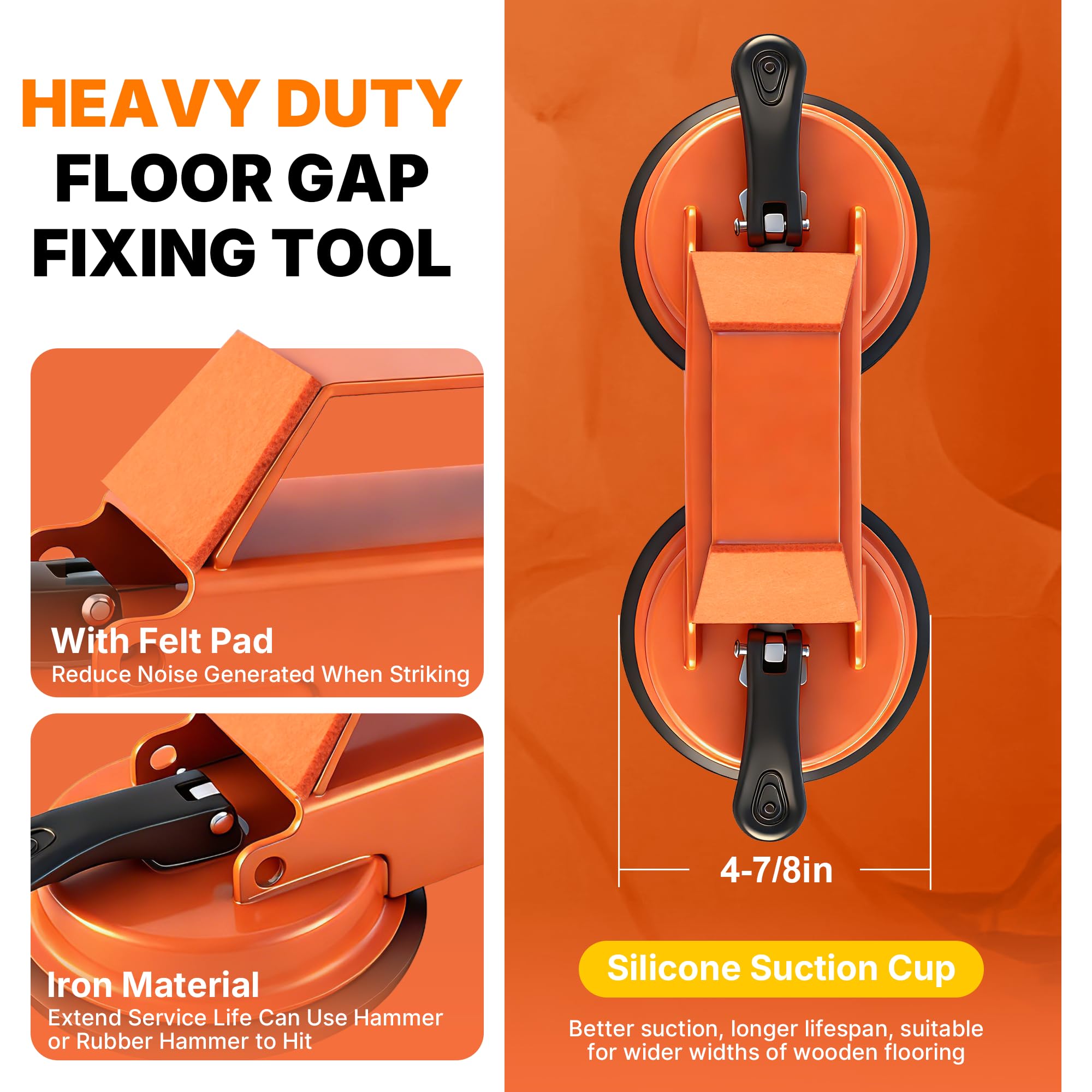 Floor Gap Fixer Tool Heavy Duty 45°Striking Surface Floor Gap Repair Tool Made of Iron & Enhanced Suction Cup with Slot Cutter, Hammer and 5pcs Sticky Pads for Fixer Laminate/Vinyl Flooring Tools — view 9