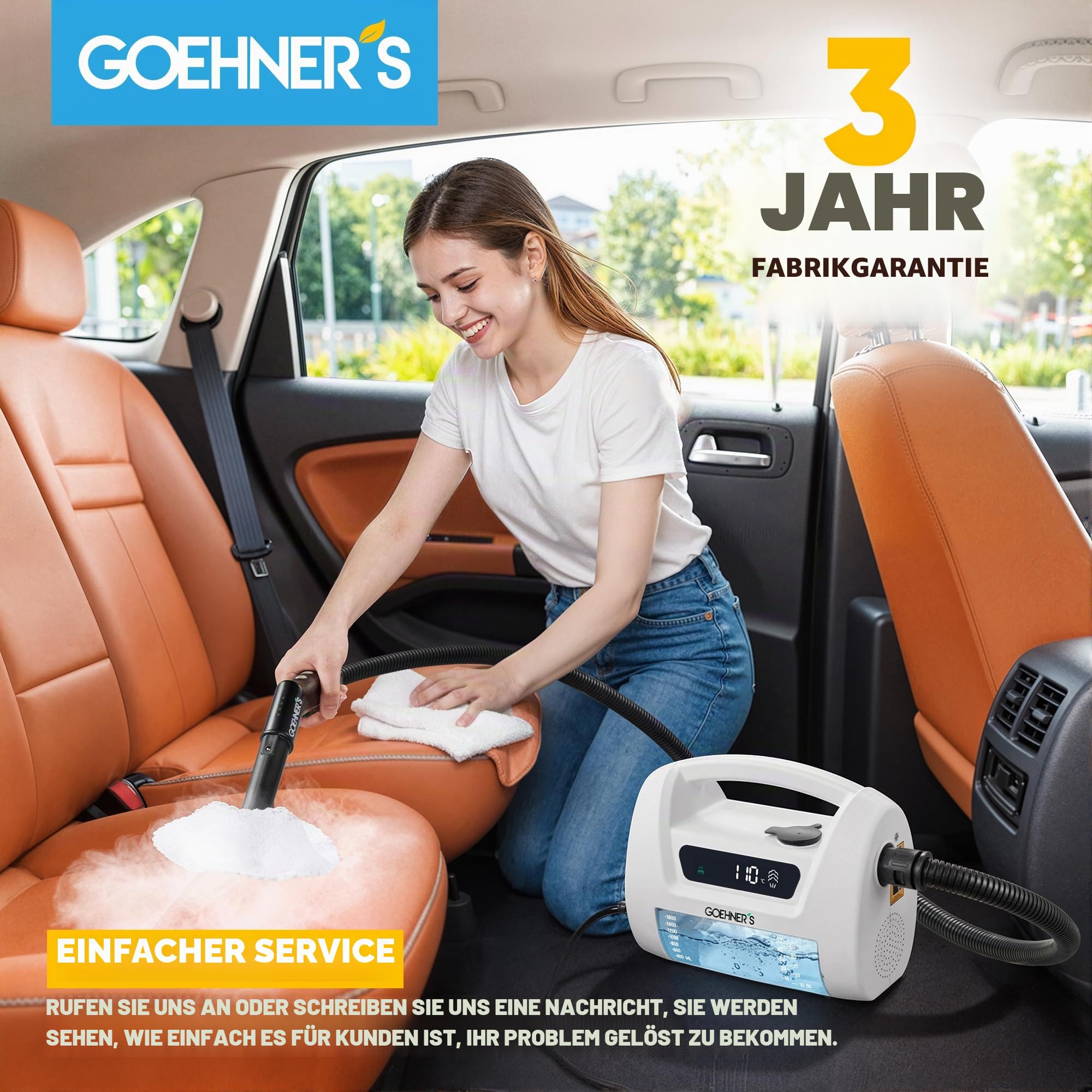 Handdampfreiniger, 110°C/3,5 Bar Hochdruck-Dampfreiniger Handgerät mit 1,6L Tank, Dampfreiniger für alles - Steam Cleaner Für Auto Fliesen Fugen Küche Bad Polster ohne Chemie (Weiß)
