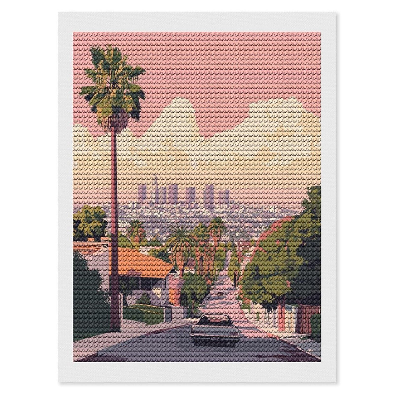 Junmoney Los Angeles Skyline View Diamond Art Kit 12"x16", Neat Printed Canvas, Finish and Display, Relaxing DIY Hobby, Living Room Decor