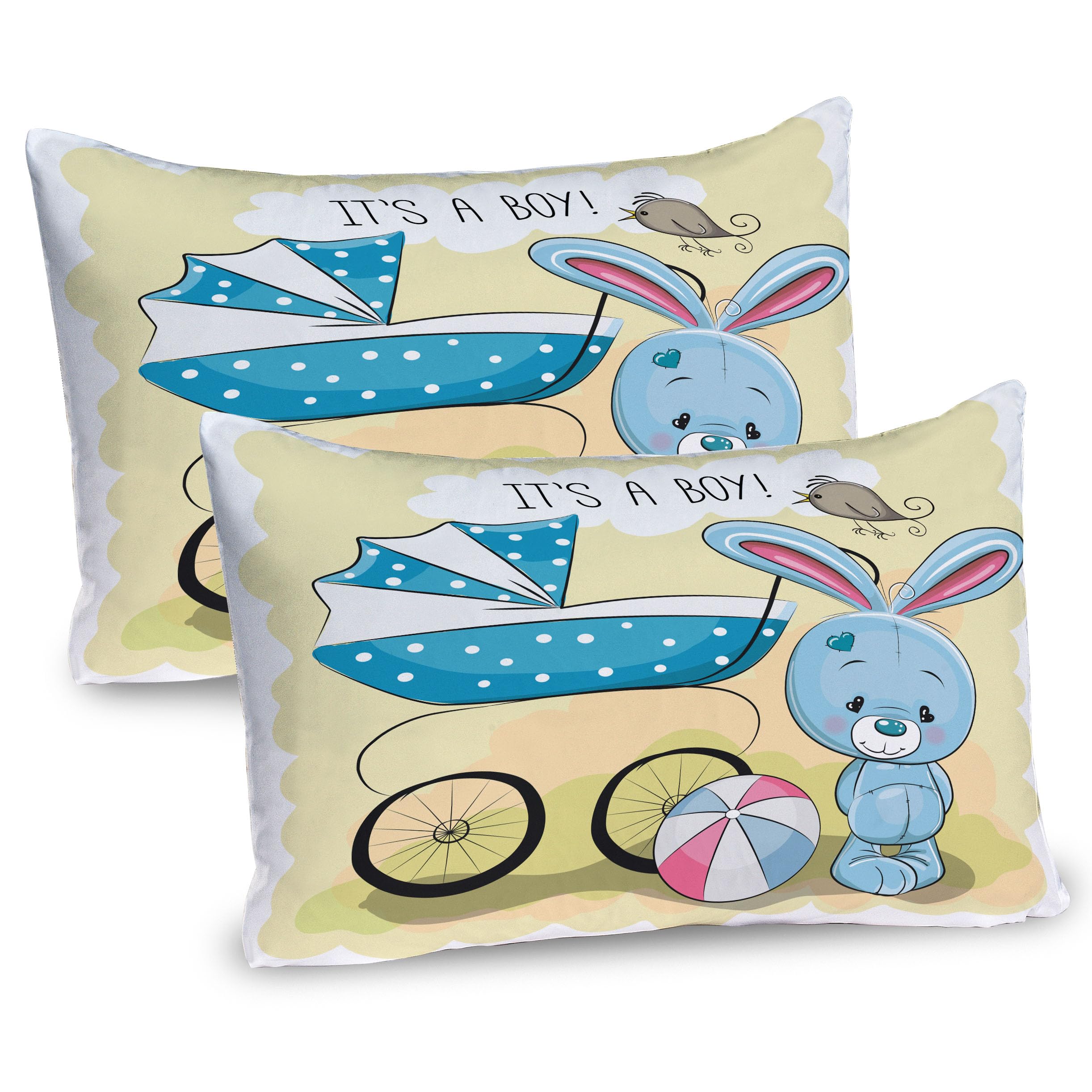 Ambesonne Cartoon Pillow Sham Set of 2, Delicate Illustration of a Bunny with Ball Featuring Dancing Bird Print, Quality Microfiber Bedding Item for All Seasons, 26
