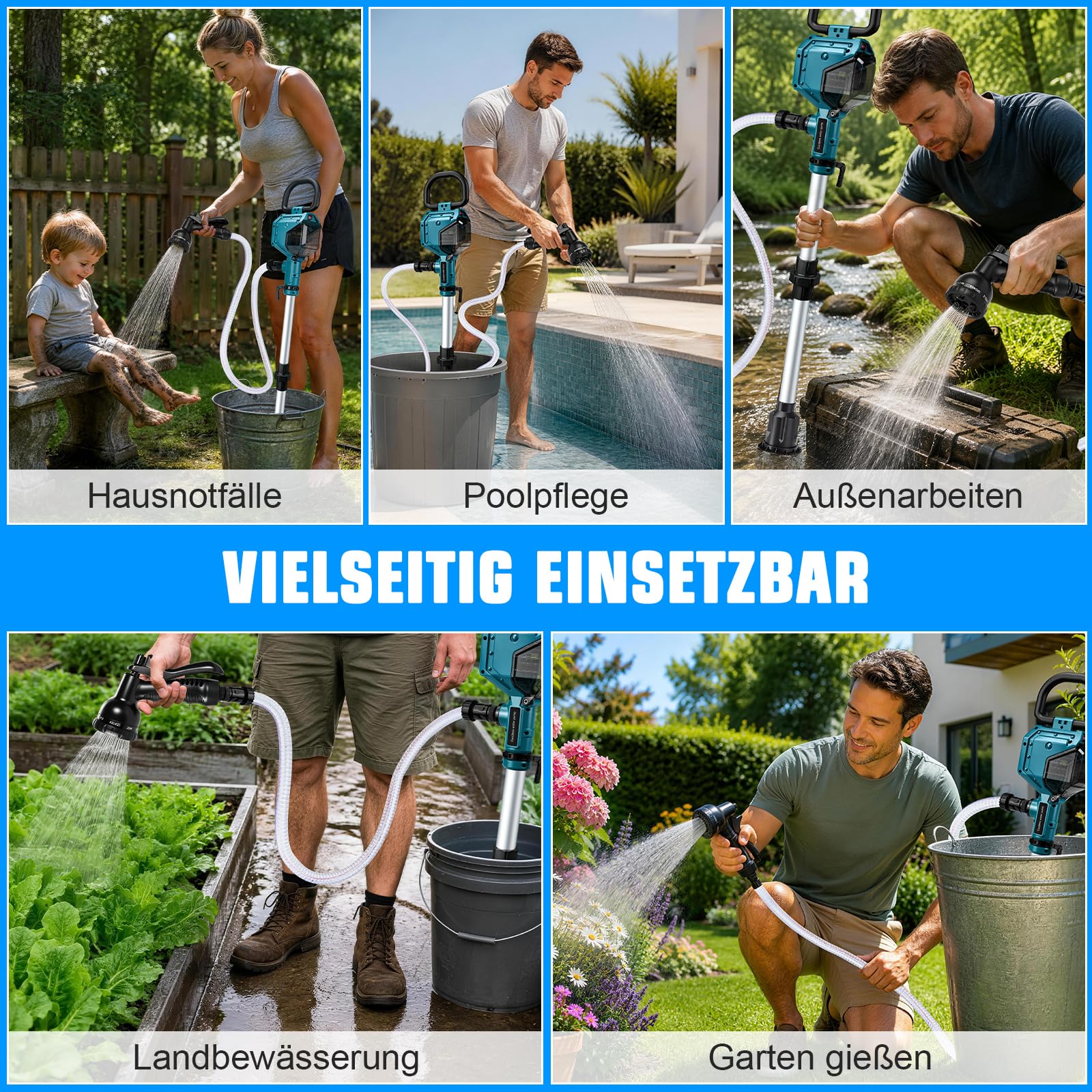 Akku Regenfasspumpe, 3600 L/h, 10m Förderhöhe, 2 x4.0Ah Akkus, Bürstenlos | mit Gartensprühdüse & 2m Schlauch, Kabellose Wasserpumpe Akku Tauchpumpe Kompatibel mit Makita 18V für Pool/Gärten/Teiche