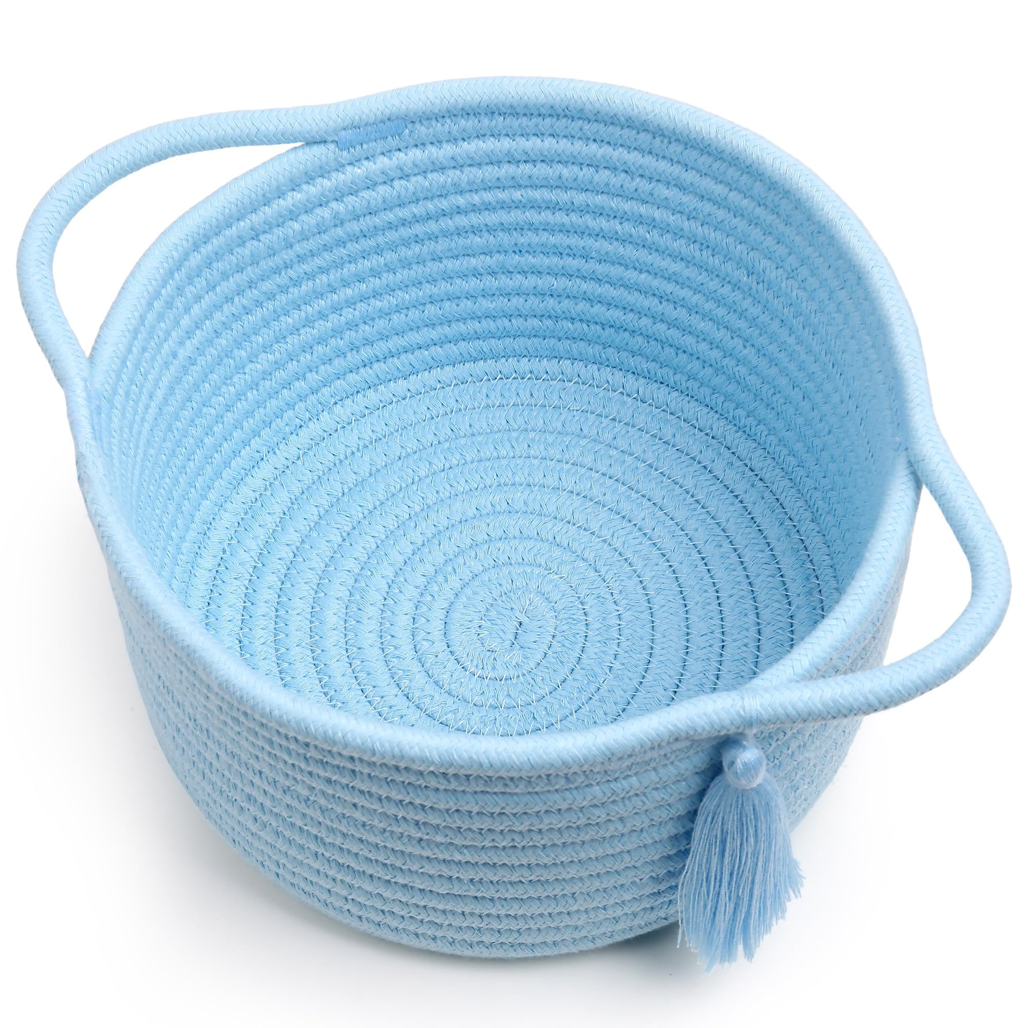 Small Gift Basket Empty to Fill, Little Cute Woven Baskets with Handles for Teen Girl, Women, Baby Shower, Nursery, SweetMemo Girly Rope Organizing Bin for Desk Makeup Bathroom - Light Blue