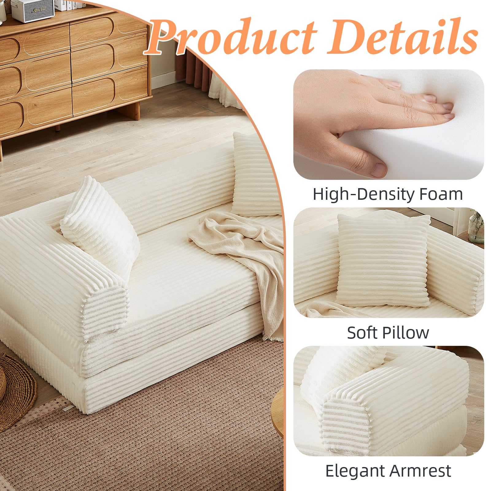78 Inch Convertible Futon Sofa Bed,Folding Boneless Couch with Sleeper Sofa,Fold Out Floor Sofa Couch with Deep Seat,Cloud Corduroy Foldable Mattress Couches for Living Room(Off White)