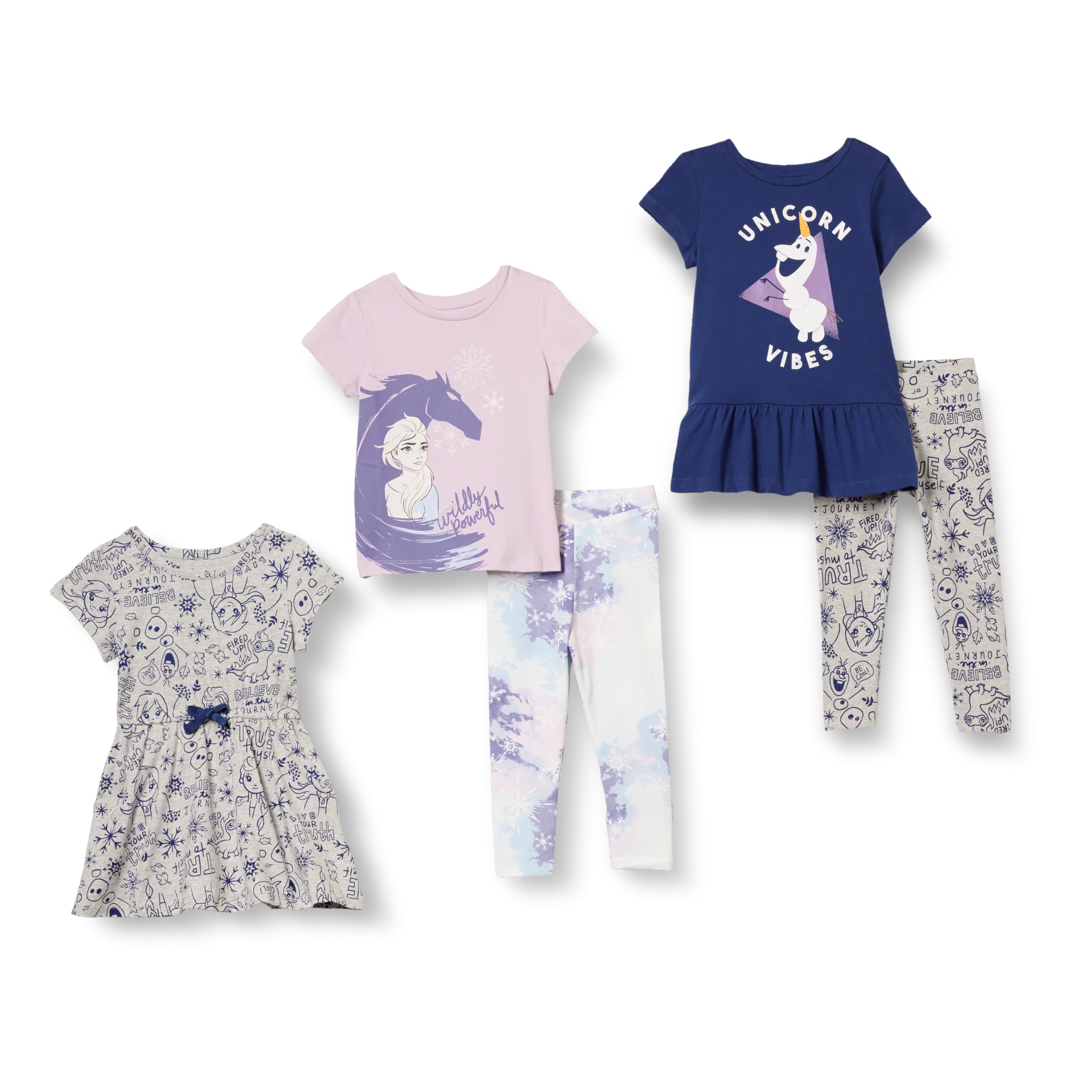 Amazon Essentials Disney | Marvel | Star Wars | Frozen | Princess Toddler Girls' Mix-and-Match Outfit Sets, Pack of 5, Frozen Elsa & Olaf, 2T