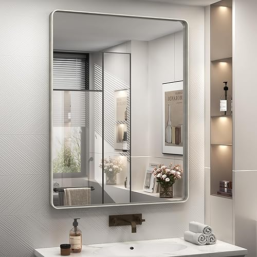Miniatura 1 de CHARMOR Espejo de baño plateado de 28 x 36 pulgadas para pared, espejo de tocador de baño con marco de metal cepillado, espejo rectangular de
