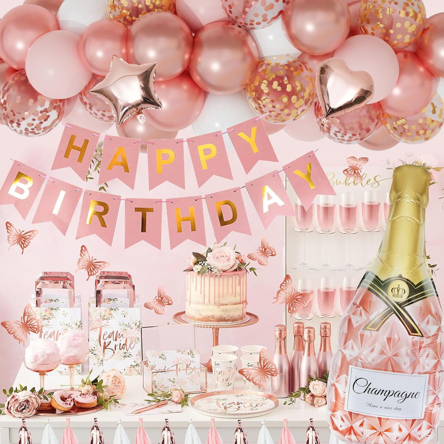 Rose Gold Birthday Party Decorations Kit for Women Girls, Foil Confetti Rose Gold Balloon Pink Happy Birthday Banner Fringe Curtains Butterfly Decor Circle Dots Tassels Pompoms Party Supplies - Image 7