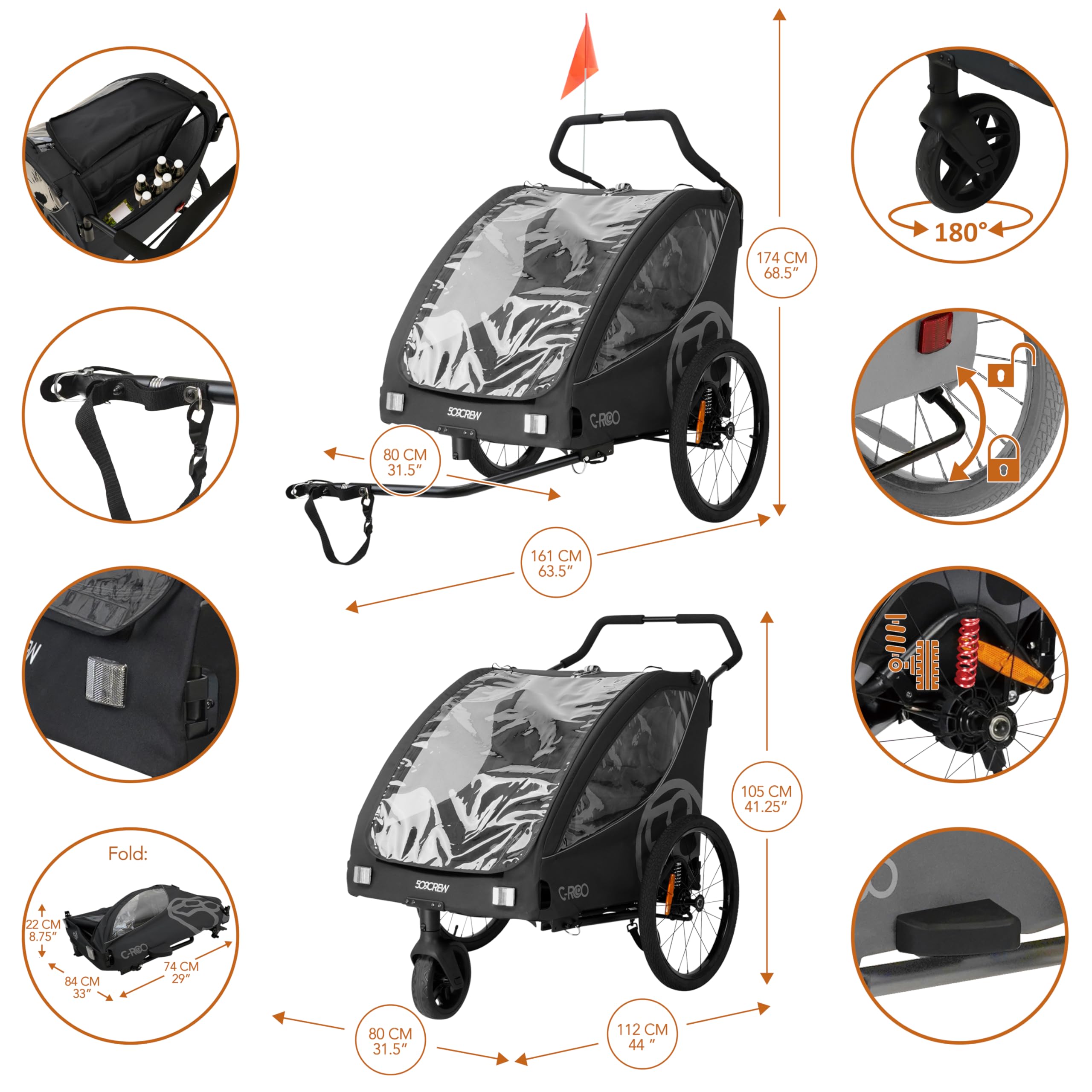 C-ROO Multi Use Bike Trailer, Infant Ride System, Max Load 50kg, Mosquito Net, Seatpads, Raincover, Night Grey