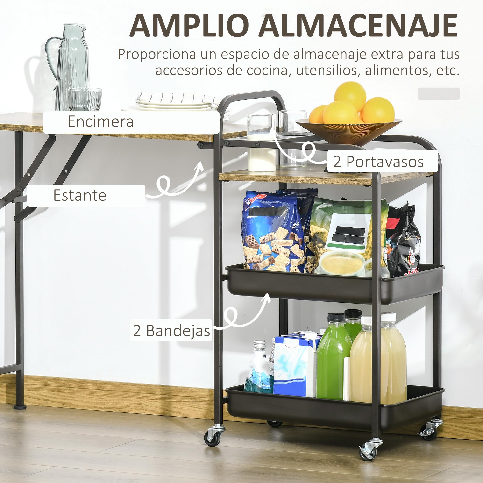 HOMCOM Carro de Cocina con Ruedas 118x36,5x82 cm Marrón Rústico Multiusos