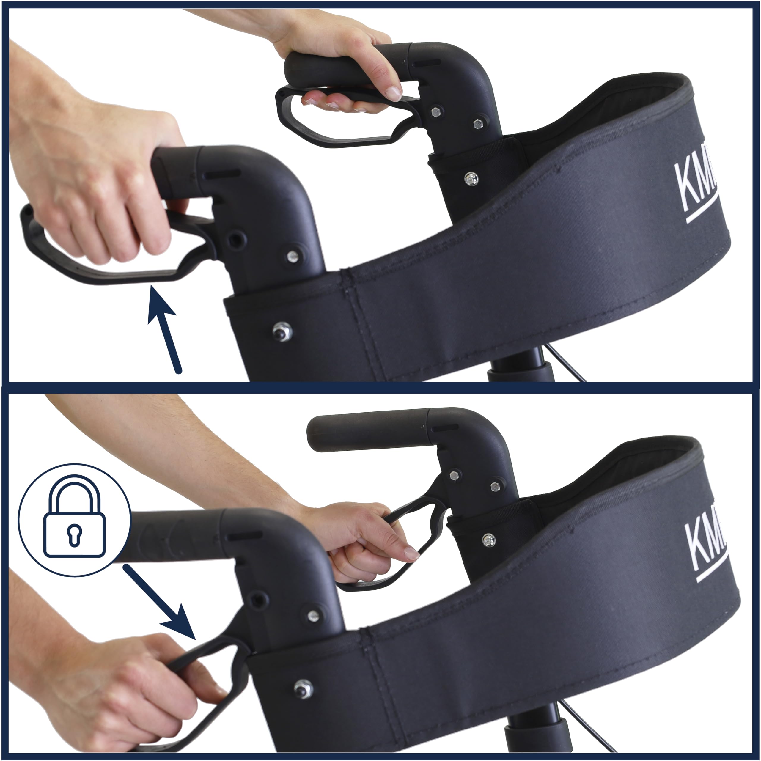 KMINA Deambulatore Pieghevole con Sedile per Adulti, Pieghevole Verticale, Altezza Regolabile, Freno a Levetta, Borsa e Porta Bastone, Nero