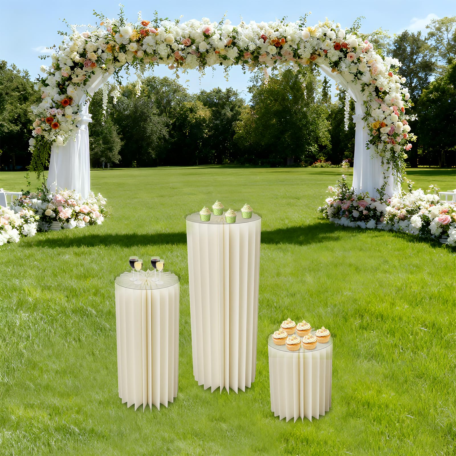 Juego de 3 centros de mesa plegables de cartón, altura 40/60/80 cm, soporte cilíndrico para flores con capacidad de carga de 25 – 30 kg, pantalla de columna de papel y PVC, fácil de plegar y