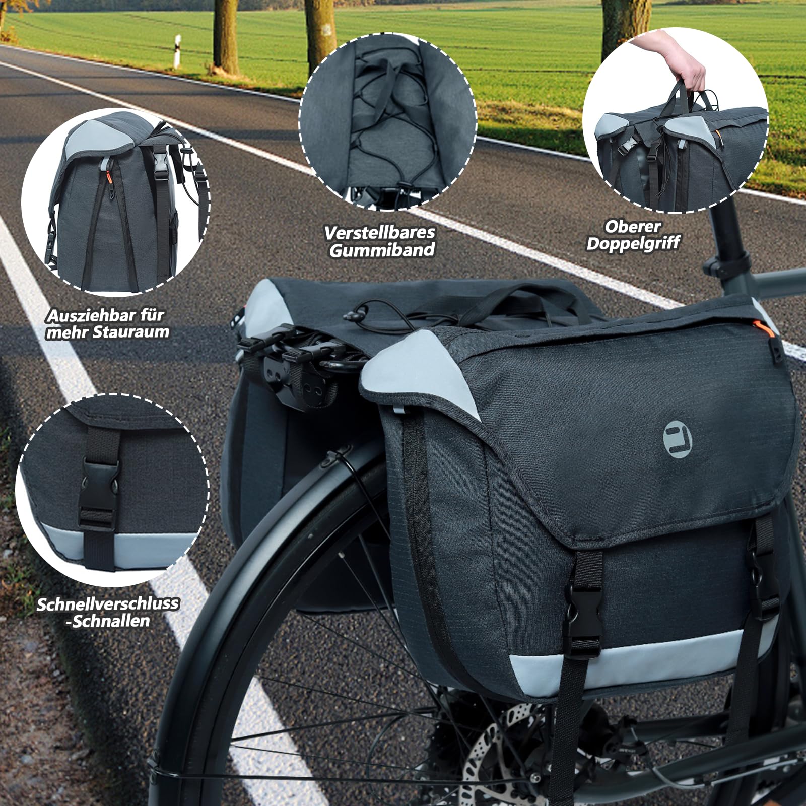 Sacoche de vélo pour porte-bagages, 25 à 35 l, double sacoche étanche | Sacoche double pour porte-bagages, porte-bagages avec réflecteurs et poignée, pour VTT