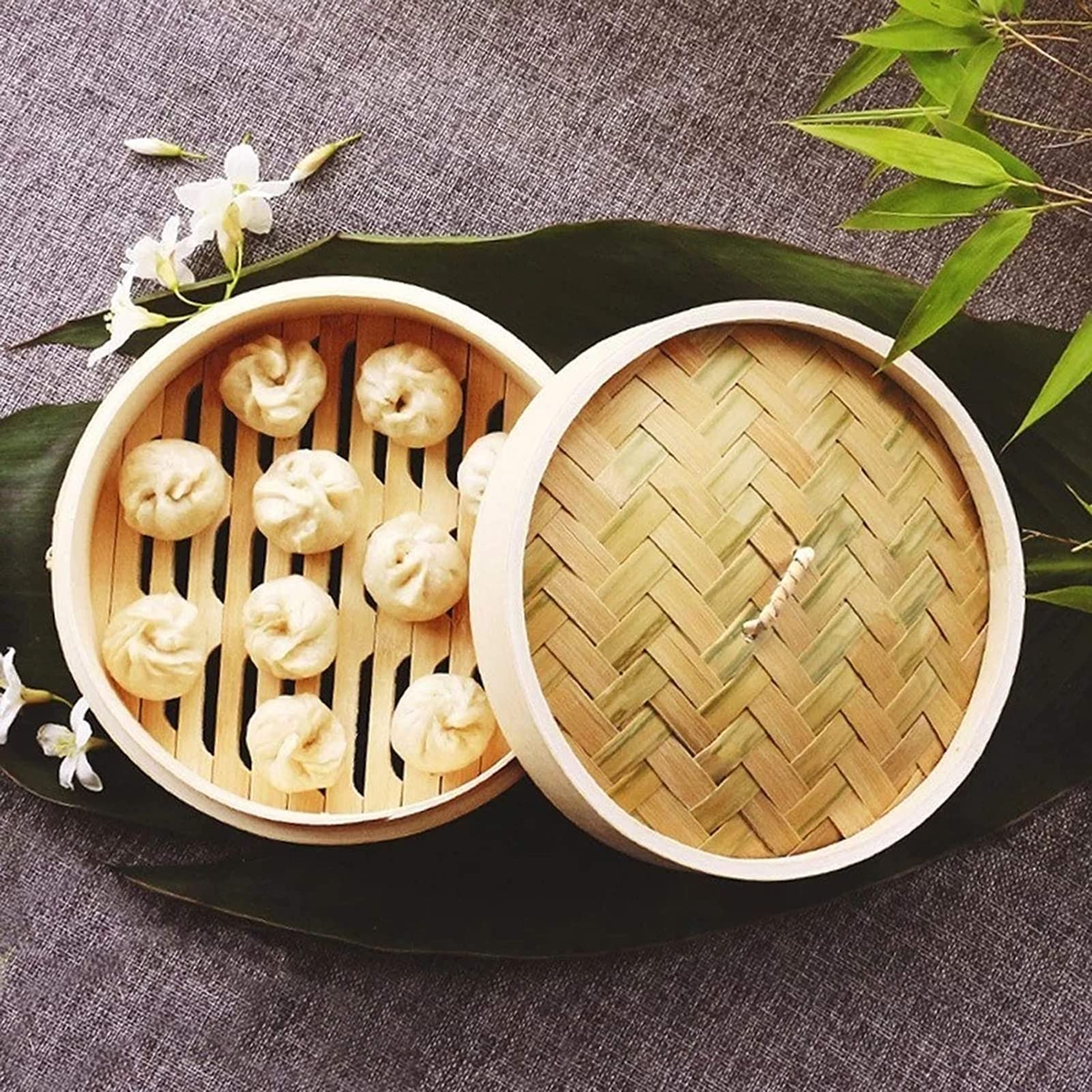Bambus-Dämpfkorb mit Deckel, Kochutensilien, Knödeldampfer, ideal für Dim Sum, Hähnchen, Fisch, Gemüse – Dampfkorb