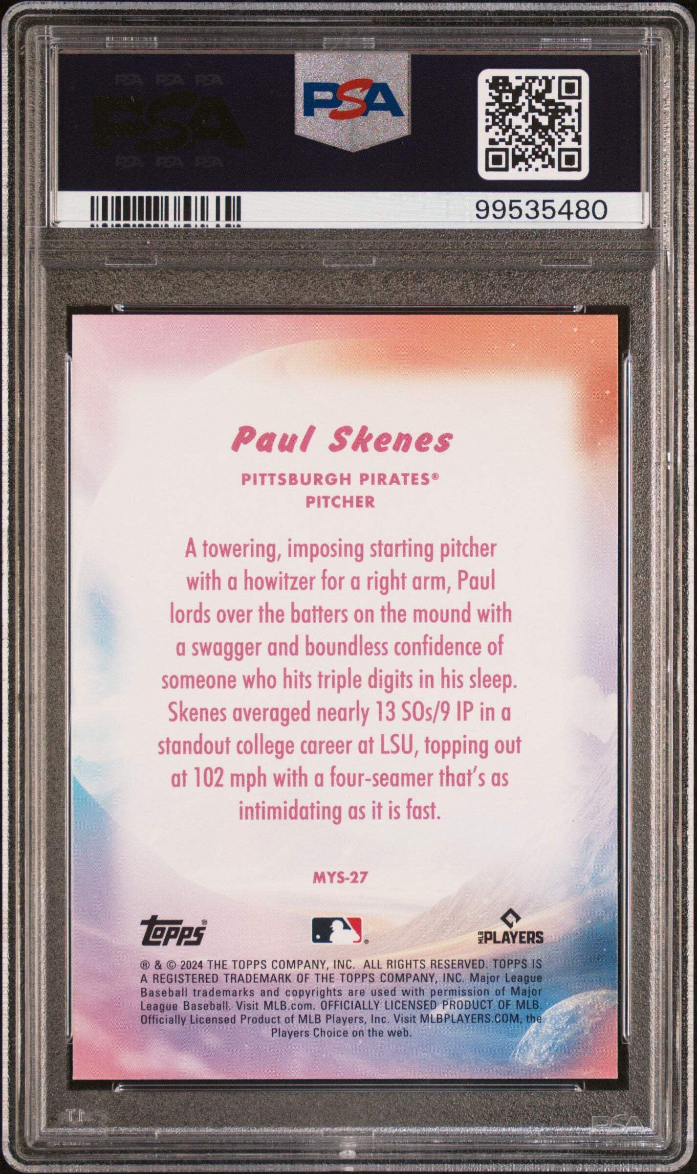HOFSM.COM Hall of Fame Sports Memorabilia Graded 2024 Topps Update Paul Skenes #MYS27 Mystical Rookie RC Baseball Card PSA 10 Gem Mint